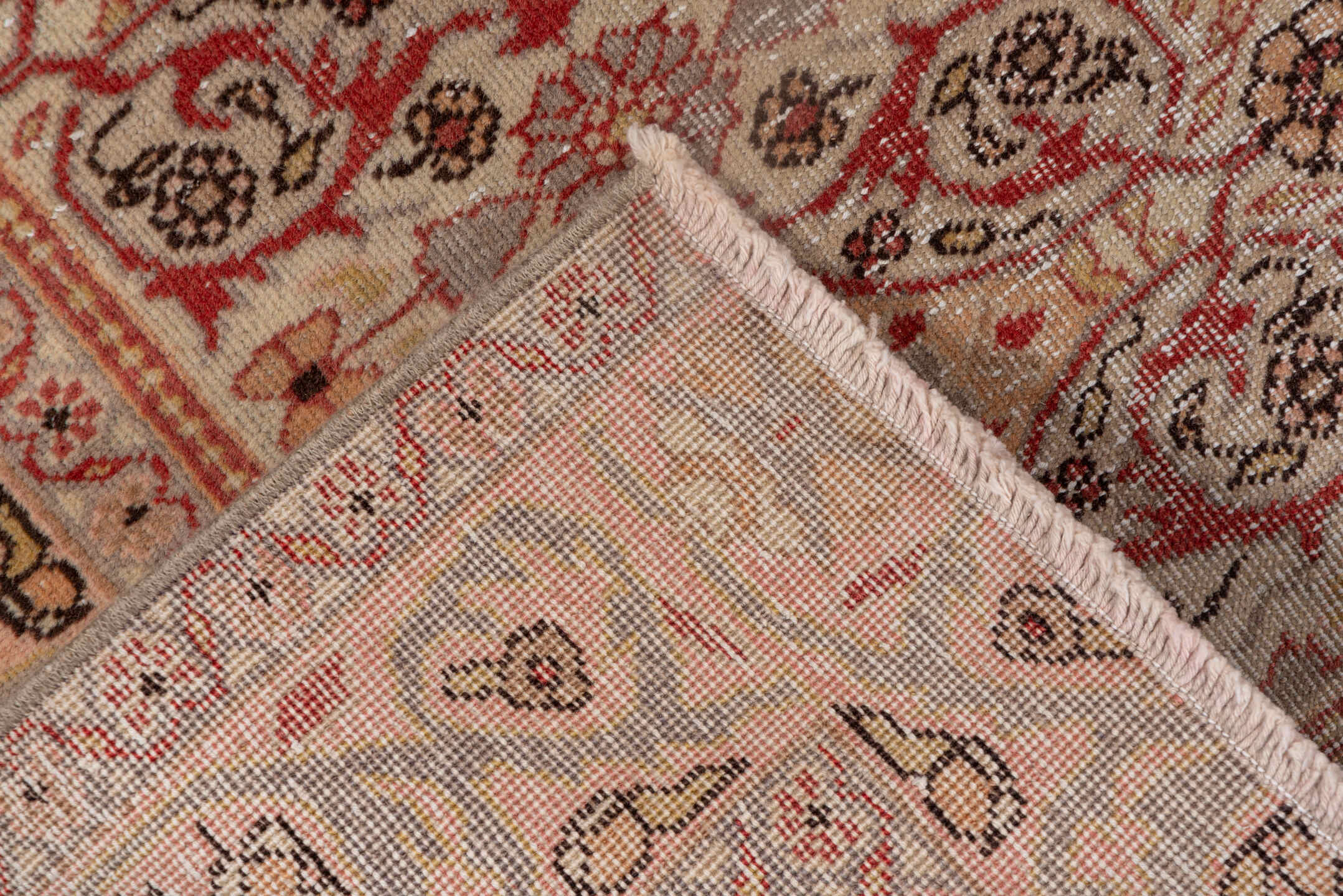 4' x 5' one-of-a-kind handmade vintage Oushak small size rug. Color palette: brown, gray, light gray, off-white, pink, red