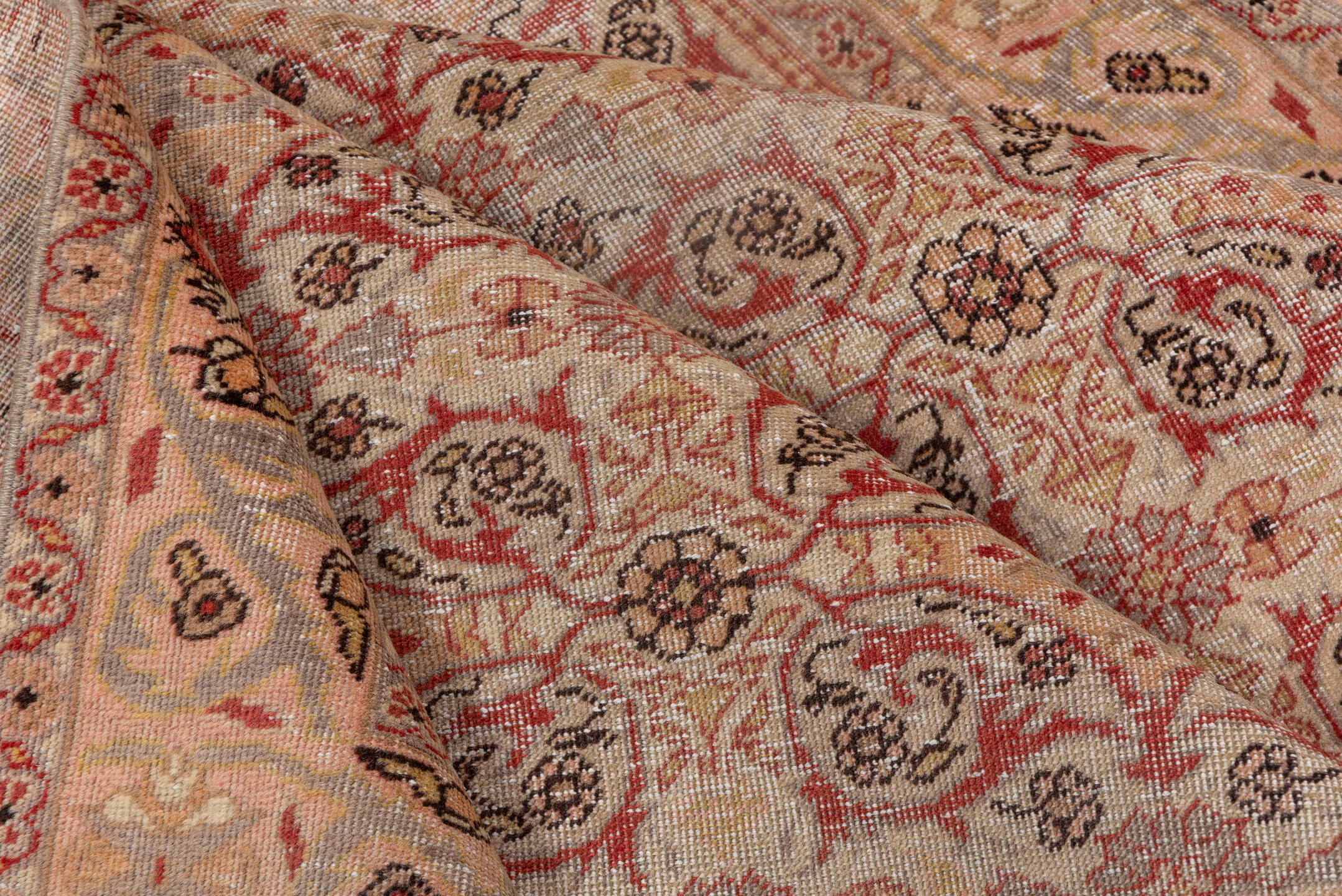 4' x 5' one-of-a-kind handmade vintage Oushak small size rug. Color palette: brown, gray, light gray, off-white, pink, red