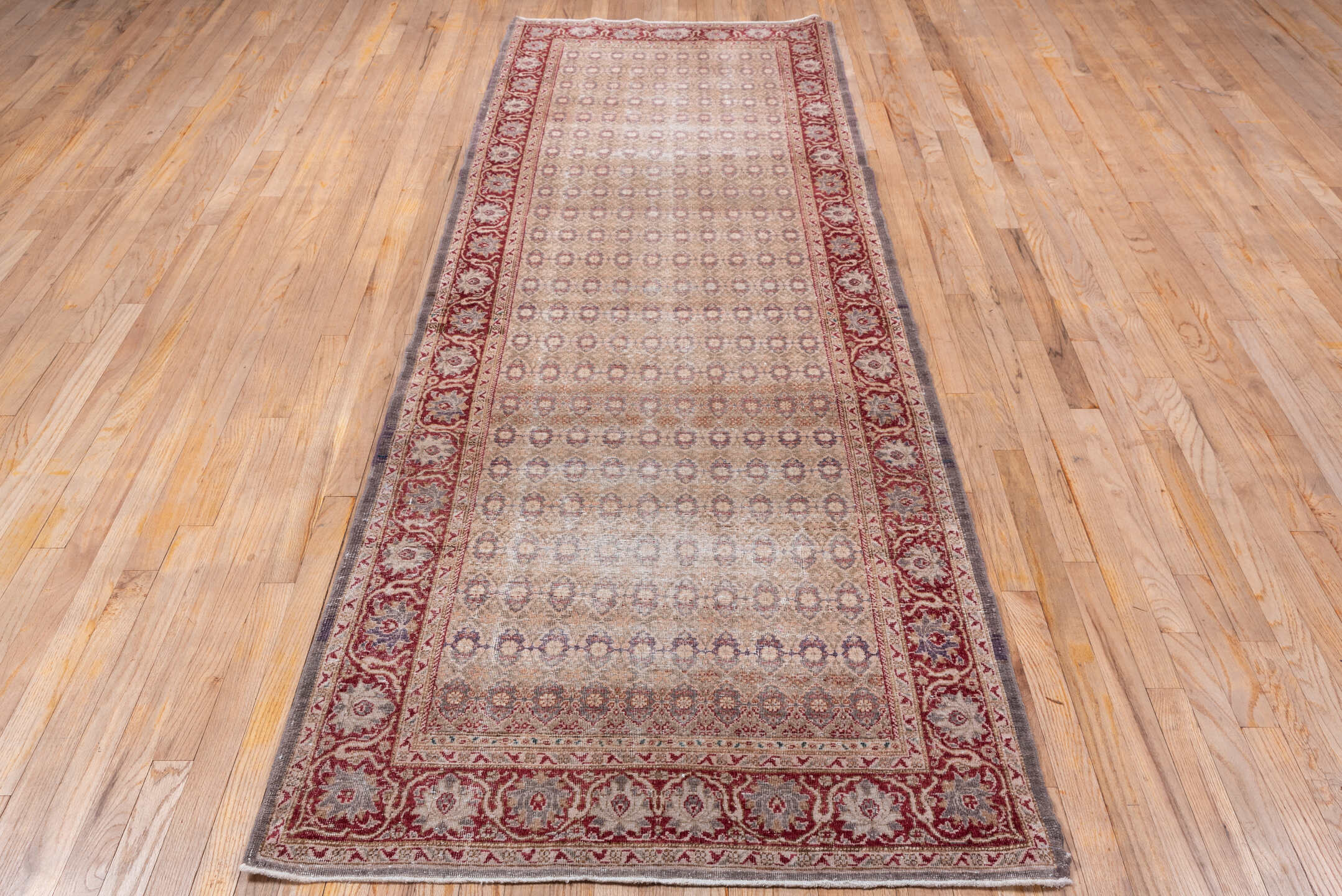 3' x 10' one-of-a-kind handmade vintage Sivas runner rug. Color palette: rose, ivory, rust, taupe, burgundy, beige, pink