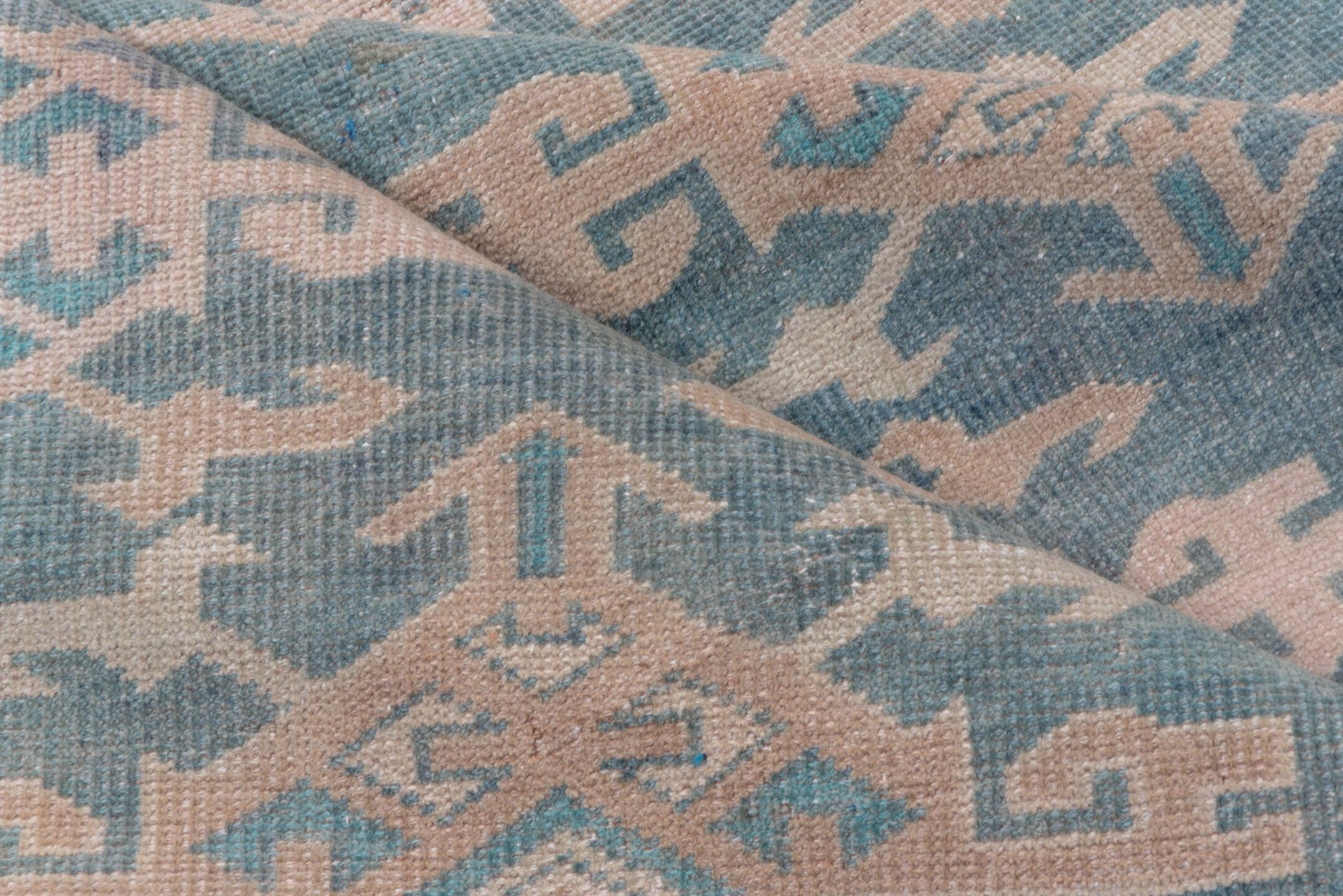 4' x 11' one-of-a-kind handmade vintage Oushak runner rug. Color palette: blue, blush, ivory, taupe, sage, pink, beige, gray