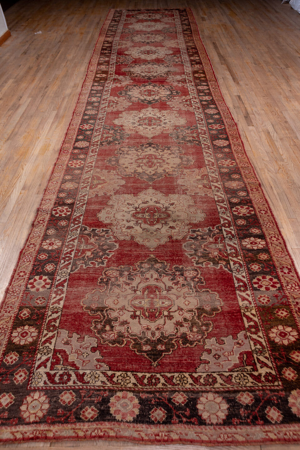 5' x 24' one-of-a-kind handmade antique Oushak rug. Color palette: rose, ivory, charcoal, terra cotta, taupe, burgundy, pink