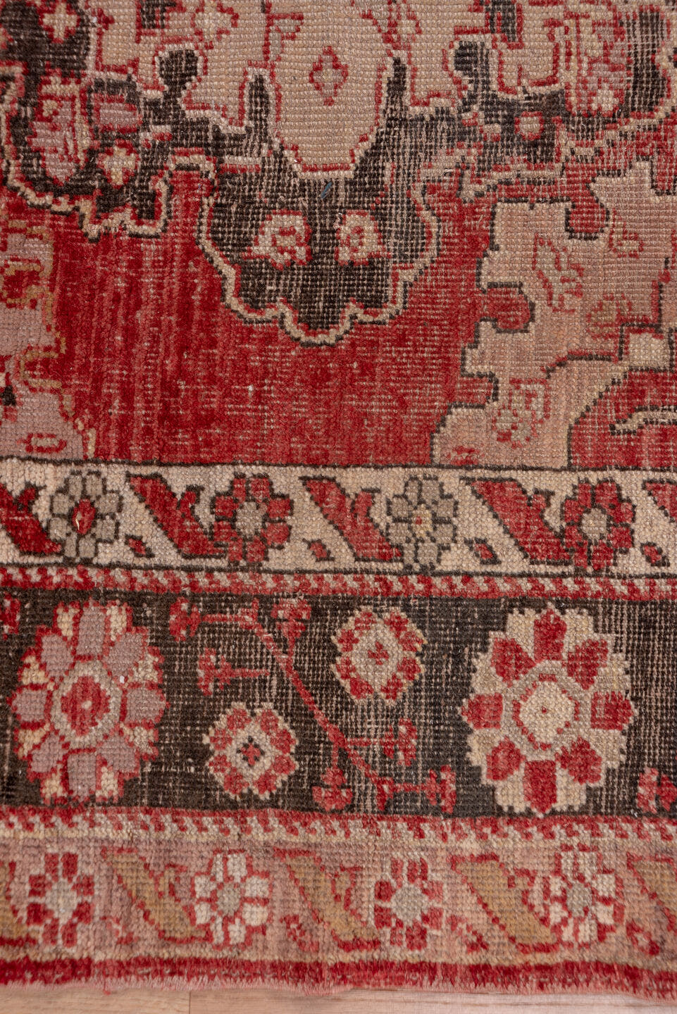 5' x 24' one-of-a-kind handmade antique Oushak rug. Color palette: rose, ivory, charcoal, terra cotta, taupe, burgundy, pink