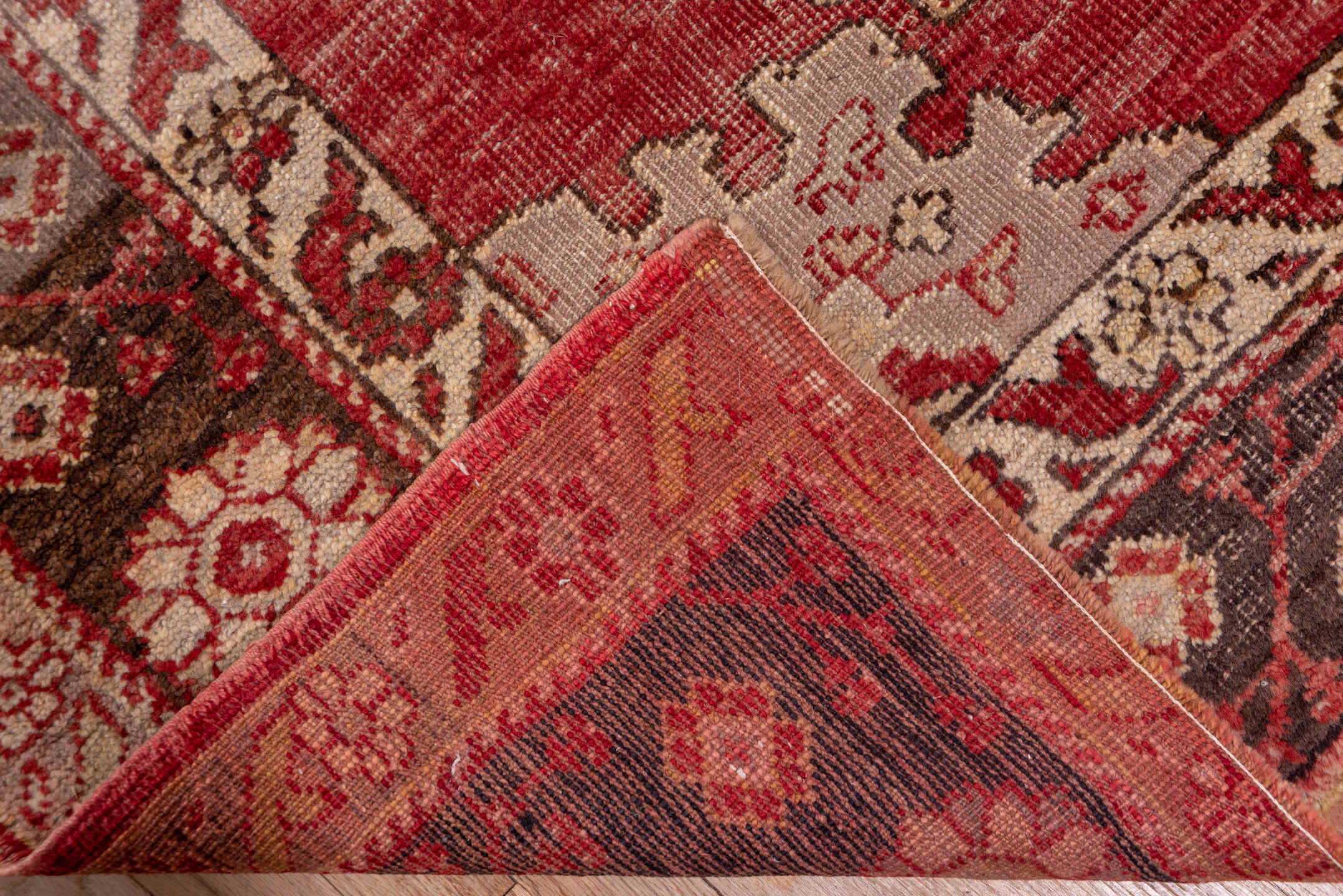 5' x 24' one-of-a-kind handmade antique Oushak rug. Color palette: rose, ivory, charcoal, terra cotta, taupe, burgundy, pink