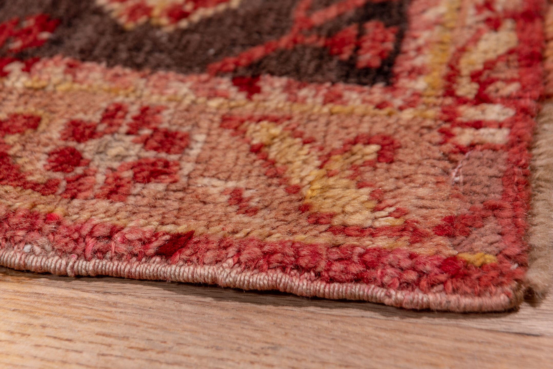5' x 24' one-of-a-kind handmade antique Oushak rug. Color palette: rose, ivory, charcoal, terra cotta, taupe, burgundy, pink