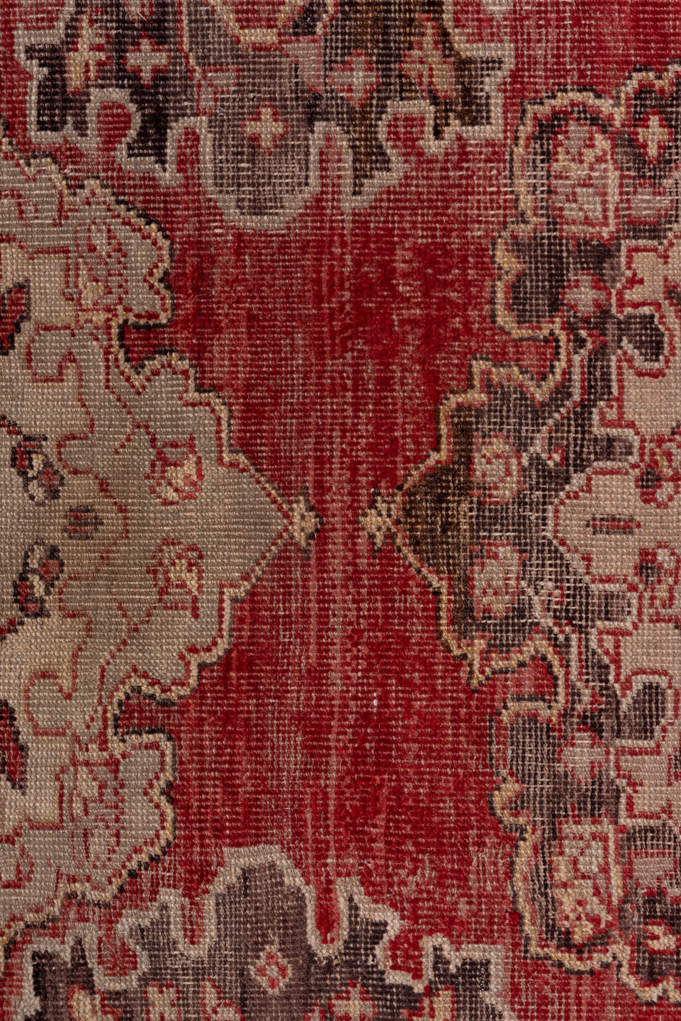 5' x 24' one-of-a-kind handmade antique Oushak rug. Color palette: rose, ivory, charcoal, terra cotta, taupe, burgundy, pink