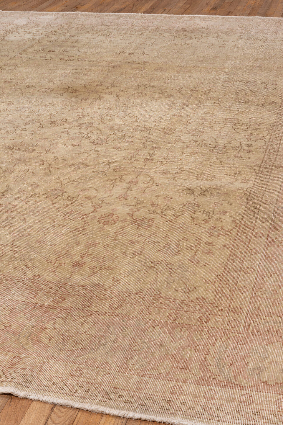 8' x 12' one-of-a-kind handmade vintage Oushak large size rug. Color palette: ivory, blush, beige, taupe, rose, camel, pink