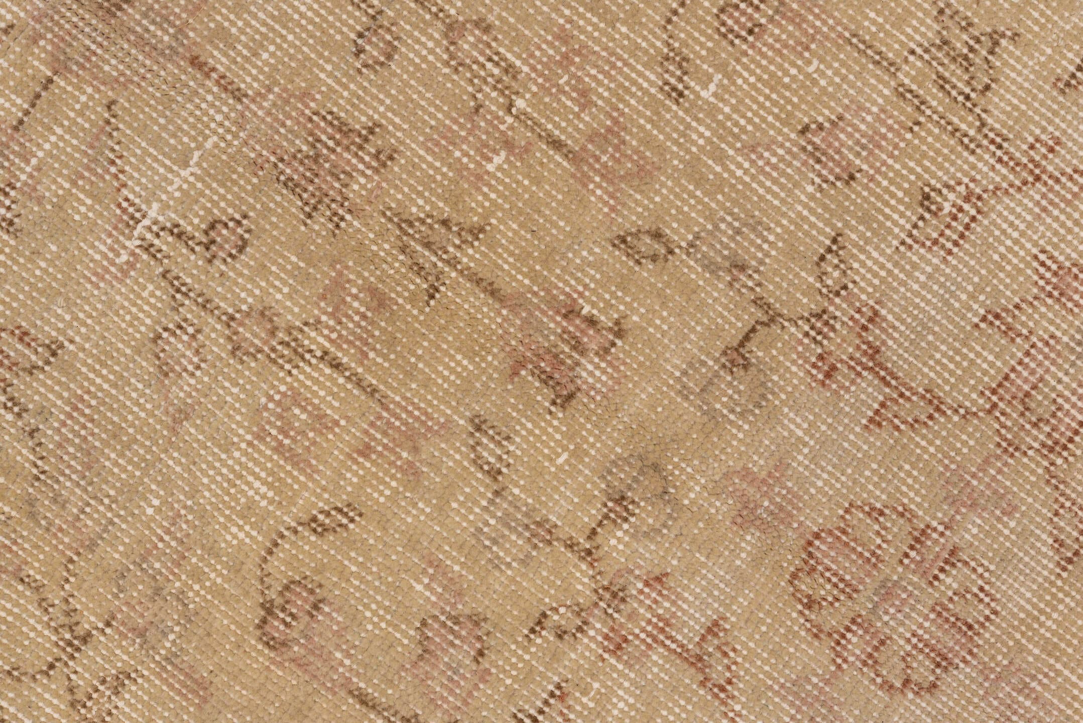 8' x 12' one-of-a-kind handmade vintage Oushak large size rug. Color palette: ivory, blush, beige, taupe, rose, camel, pink