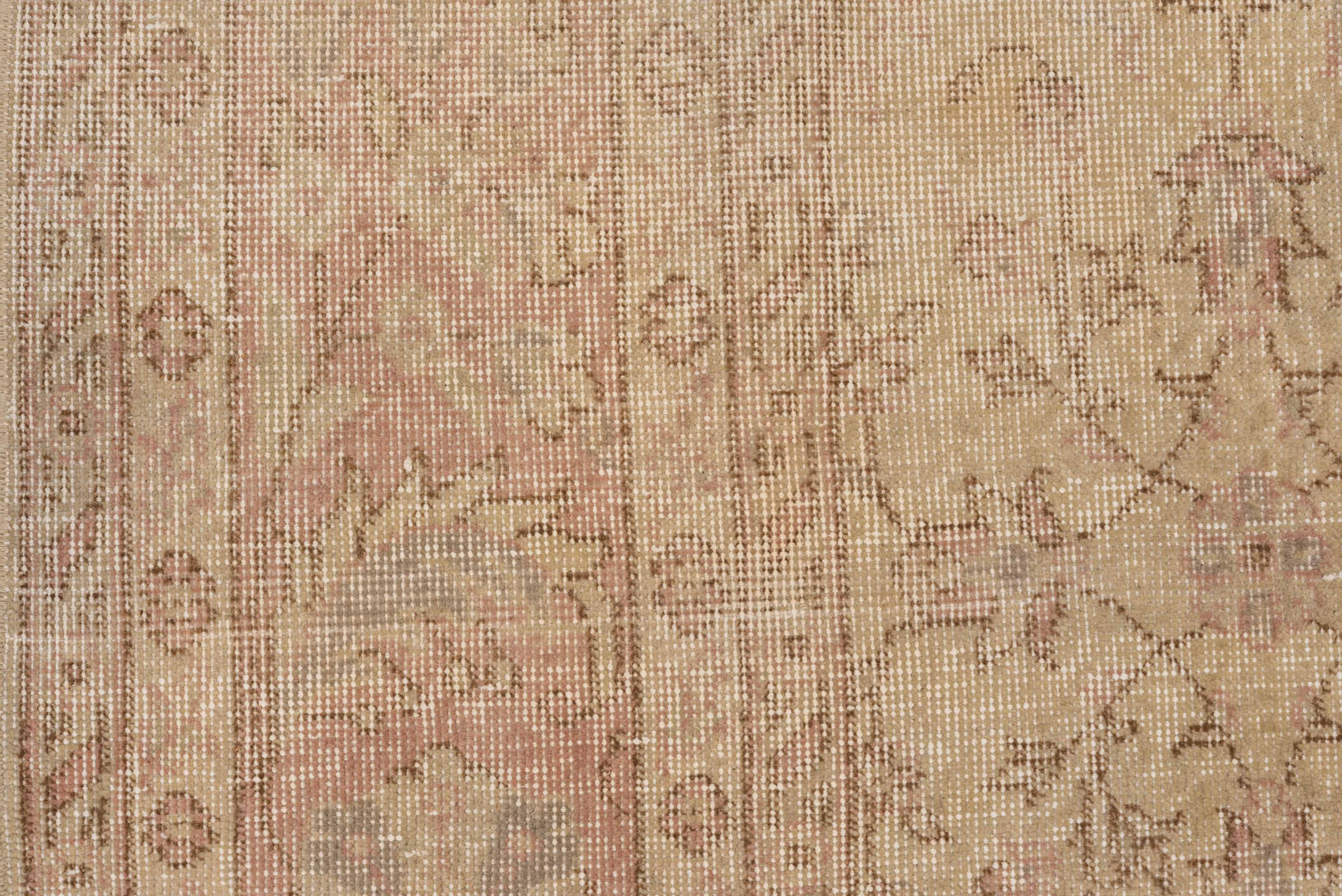 8' x 12' one-of-a-kind handmade vintage Oushak large size rug. Color palette: ivory, blush, beige, taupe, rose, camel, pink