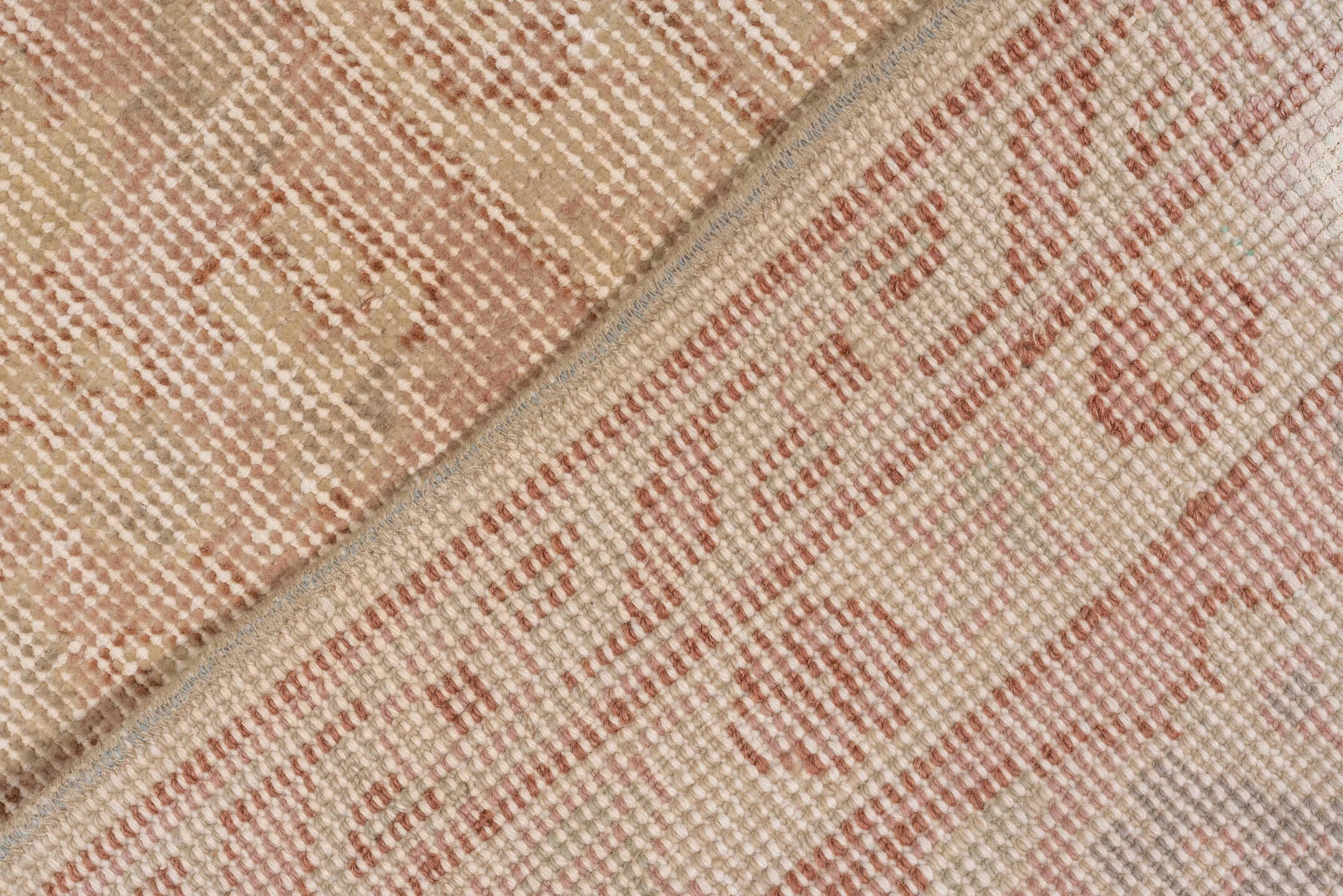 8' x 12' one-of-a-kind handmade vintage Oushak large size rug. Color palette: ivory, blush, beige, taupe, rose, camel, pink
