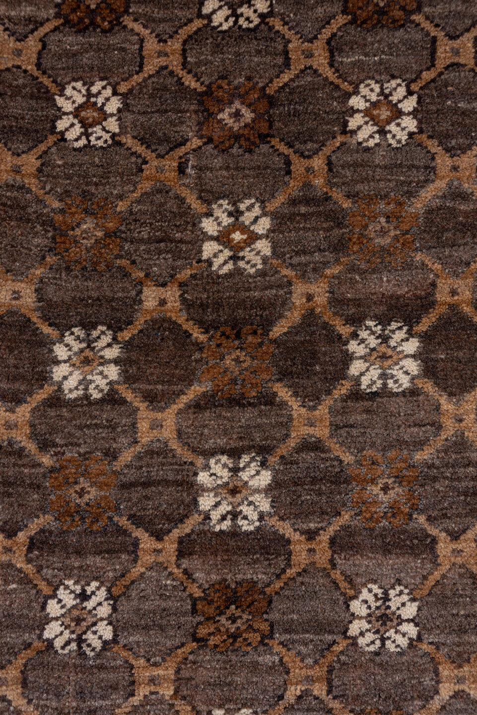 7' x 11' one-of-a-kind handmade antique Kars large size rug. Color palette: taupe, brown, camel, ivory, charcoal, beige