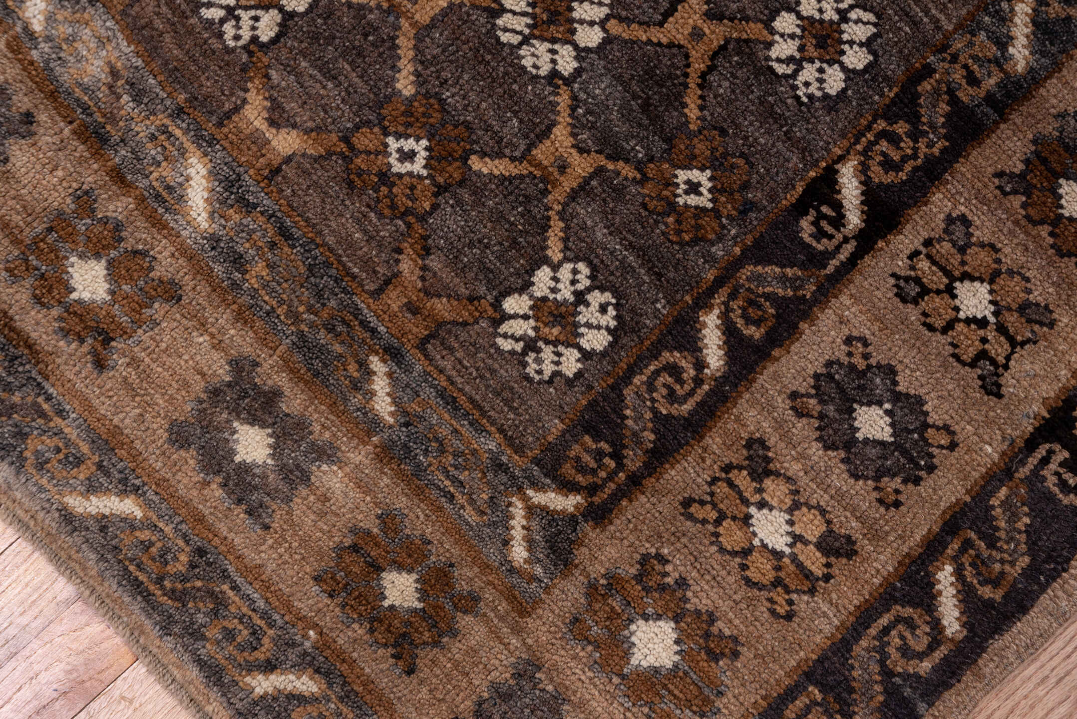 7' x 11' one-of-a-kind handmade antique Kars large size rug. Color palette: taupe, brown, camel, ivory, charcoal, beige