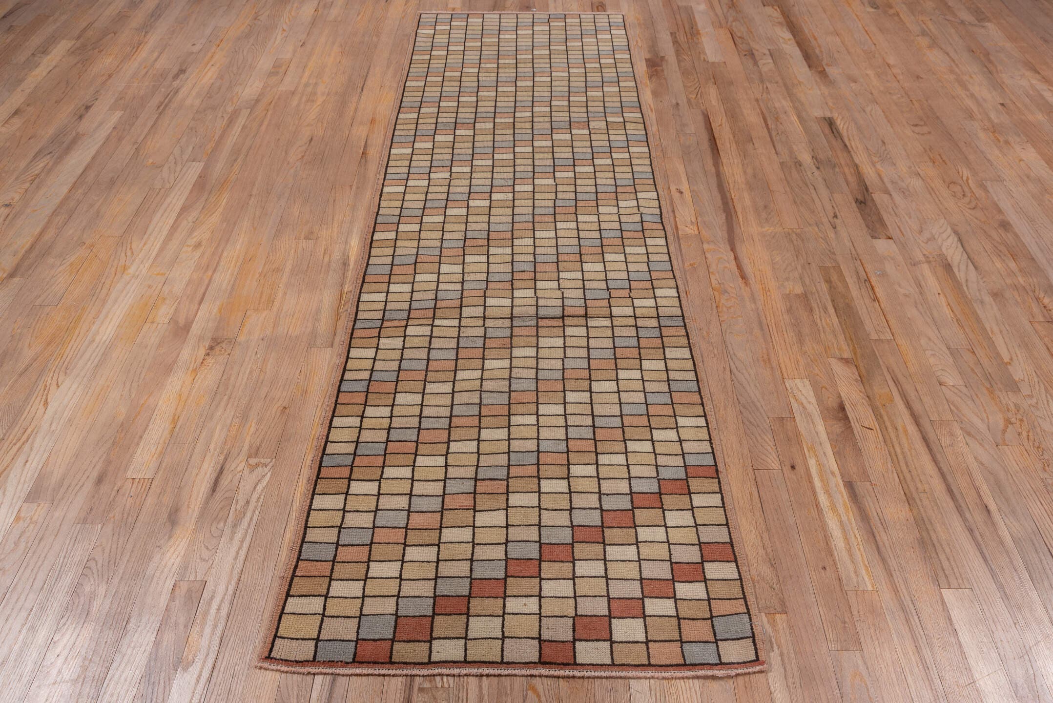 2' x 9' one-of-a-kind handmade vintage Tulu runner rug. Color palette: taupe, ivory, rust, slate, camel, beige, gray