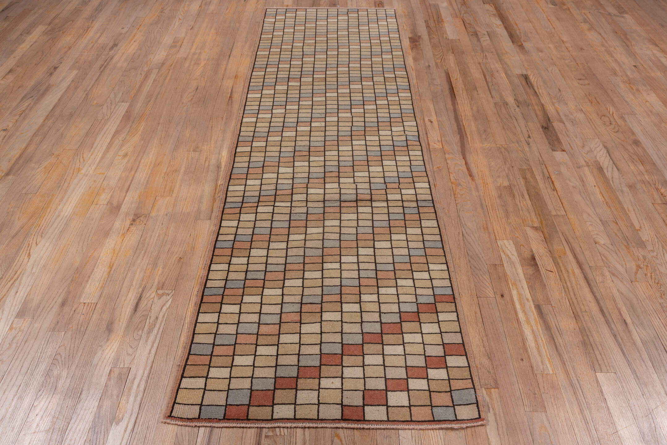2' x 9' one-of-a-kind handmade vintage Tulu runner rug. Color palette: brown, gray, light gray, off-white, snow, white