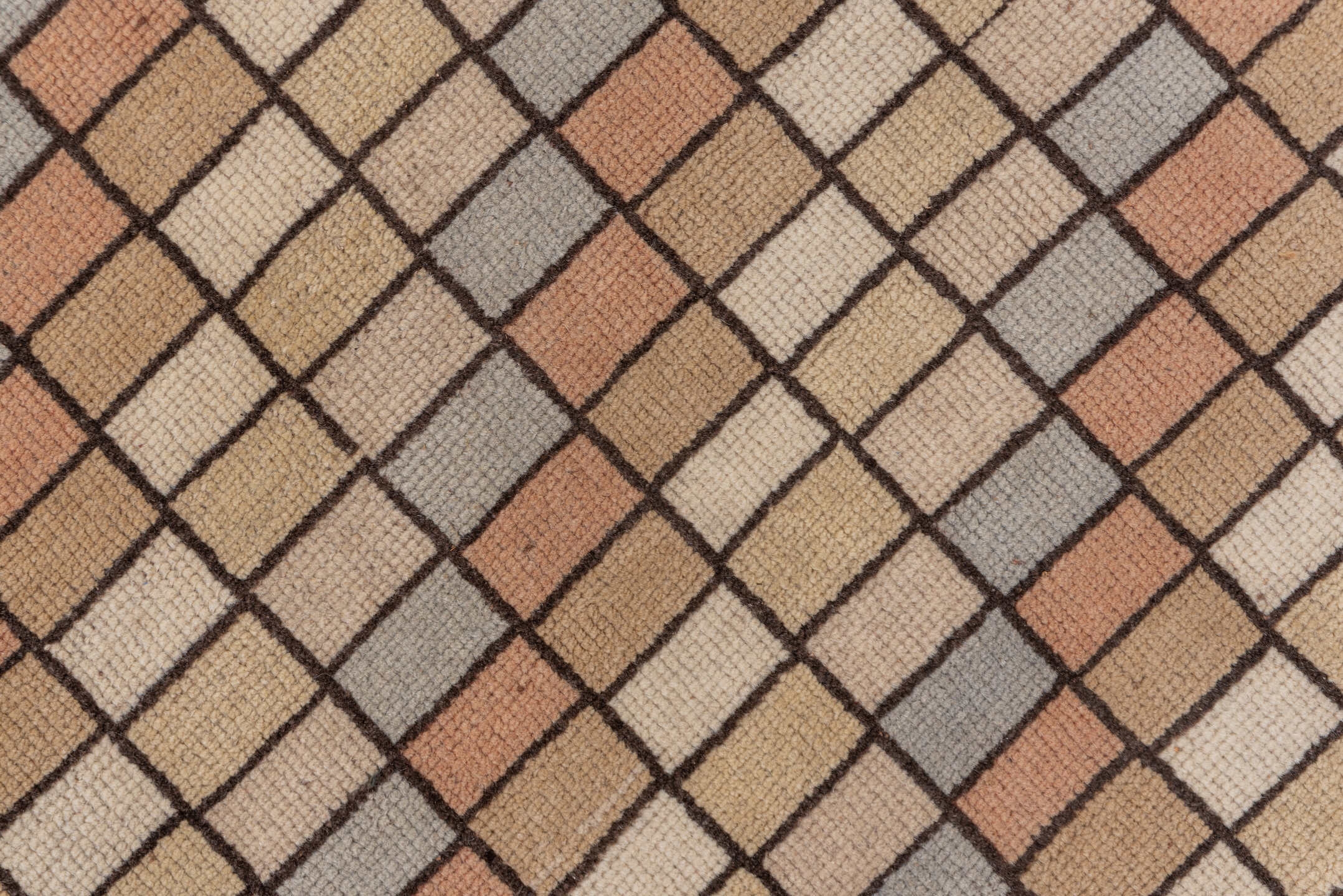 2' x 9' one-of-a-kind handmade vintage Tulu runner rug. Color palette: brown, gray, light gray, off-white, snow, white