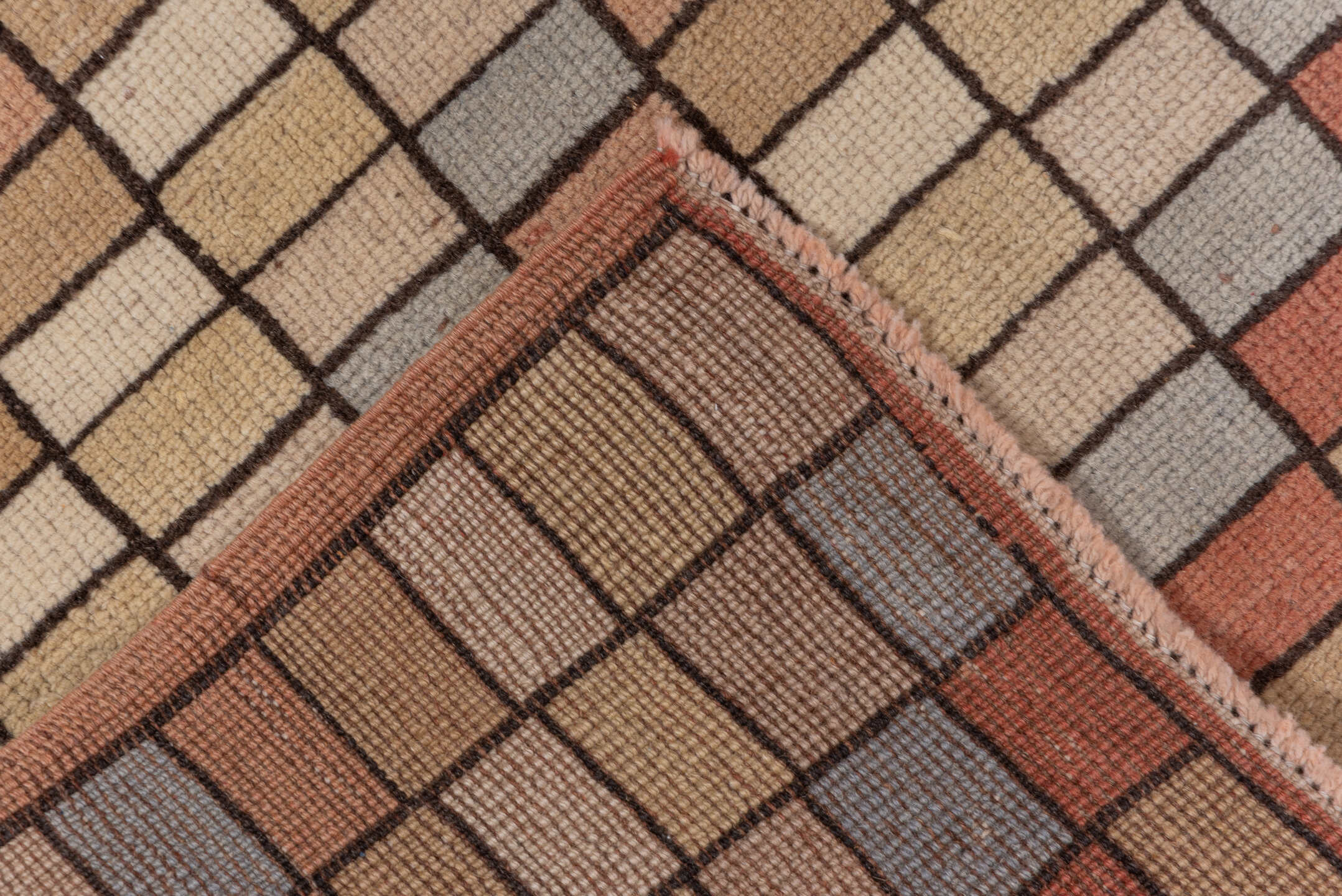 2' x 9' one-of-a-kind handmade vintage Tulu runner rug. Color palette: brown, gray, light gray, off-white, snow, white