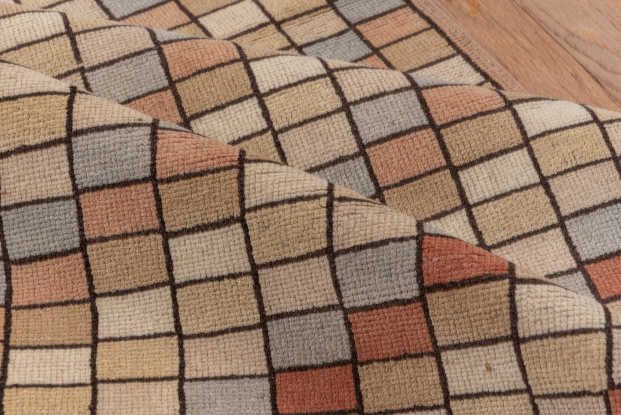 2' x 9' one-of-a-kind handmade vintage Tulu runner rug. Color palette: taupe, ivory, rust, slate, camel, beige, gray