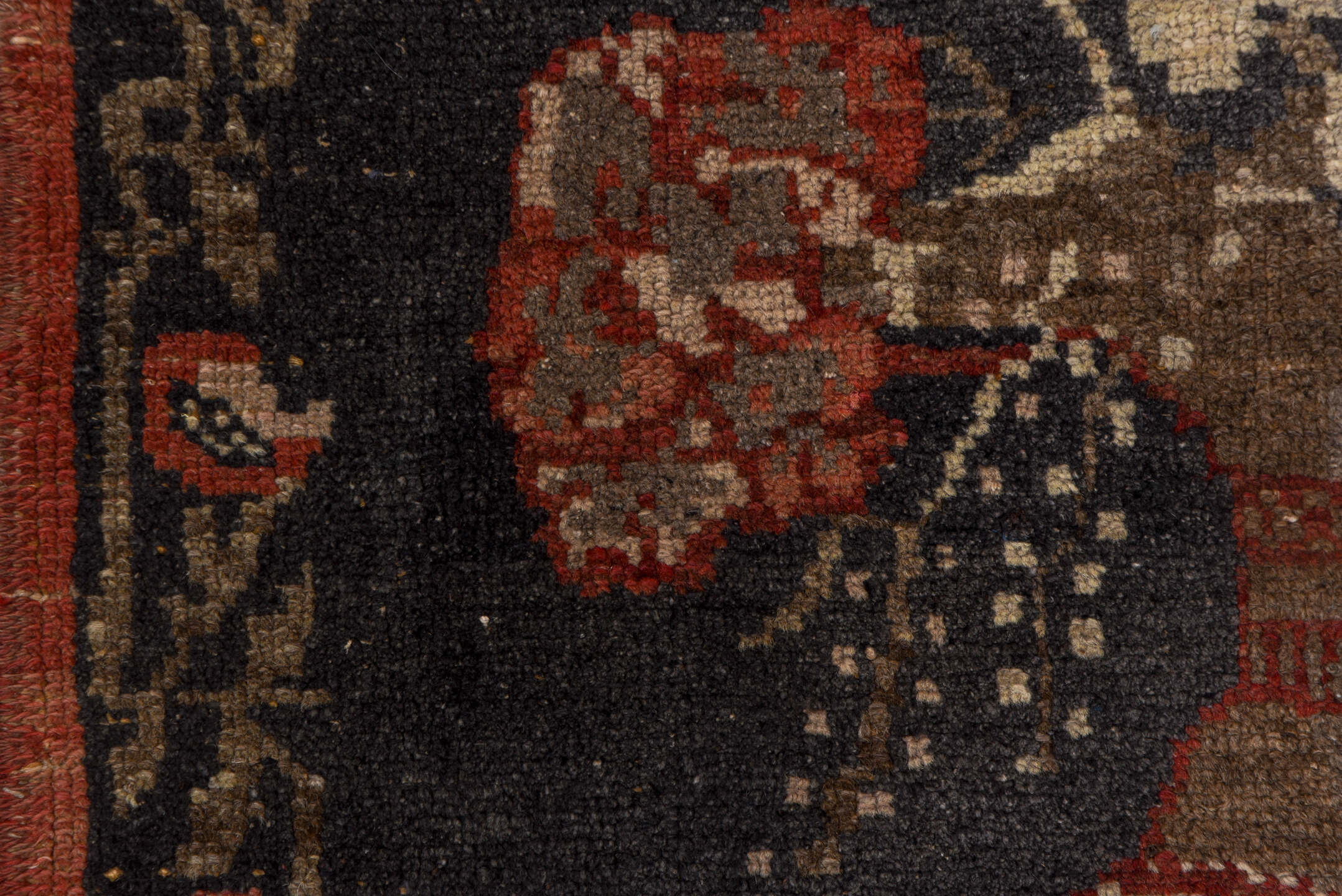 2' x 8' one-of-a-kind handmade vintage Oushak runner rug. Color palette: black, brown, charcoal, gray, off-white, pink, red