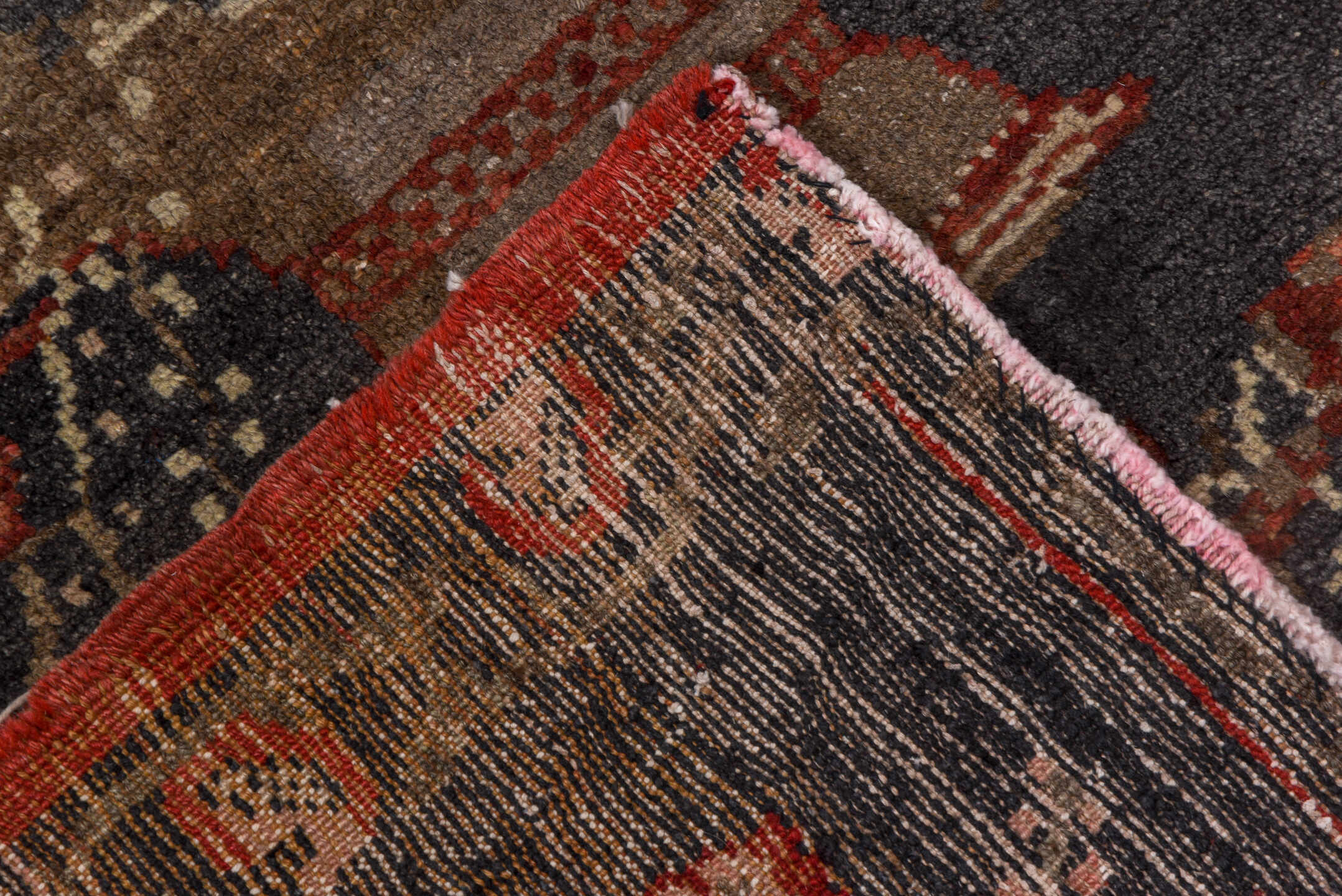 2' x 8' one-of-a-kind handmade vintage Oushak runner rug. Color palette: charcoal, rust, ivory, rose, taupe, burgundy, olive