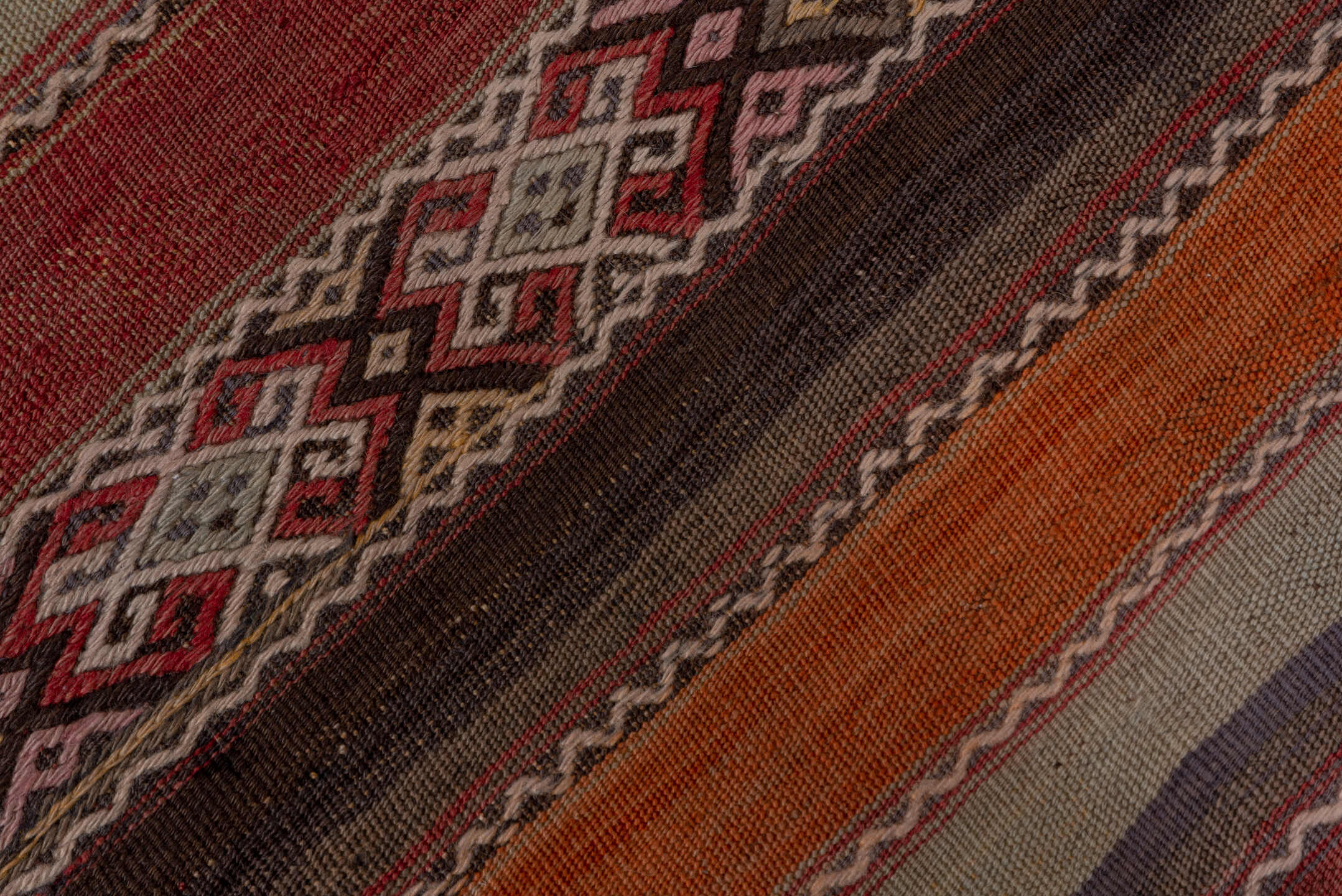 4' x 10' one-of-a-kind handmade vintage Jijim runner rug. Color palette: rust, rose, taupe, brown, charcoal, terracotta