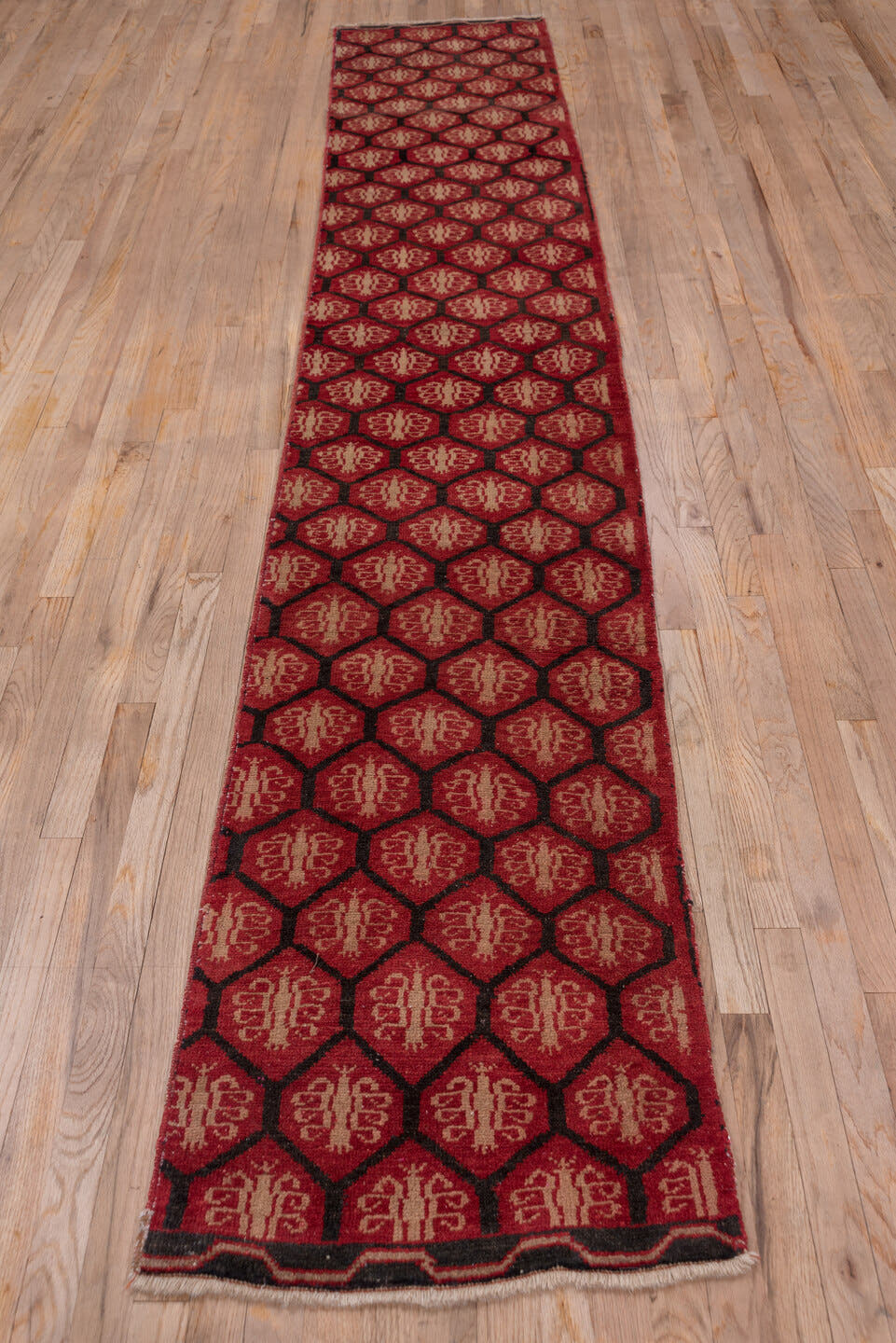 2' x 12' one-of-a-kind handmade antique Oushak runner rug. Color palette: red, burgundy, ivory, charcoal, rose, gray, black