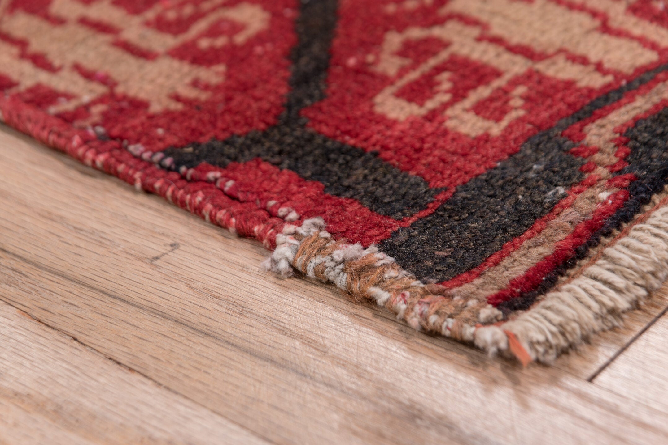 2' x 12' one-of-a-kind handmade antique Oushak runner rug. Color palette: red, burgundy, ivory, charcoal, rose, gray, black