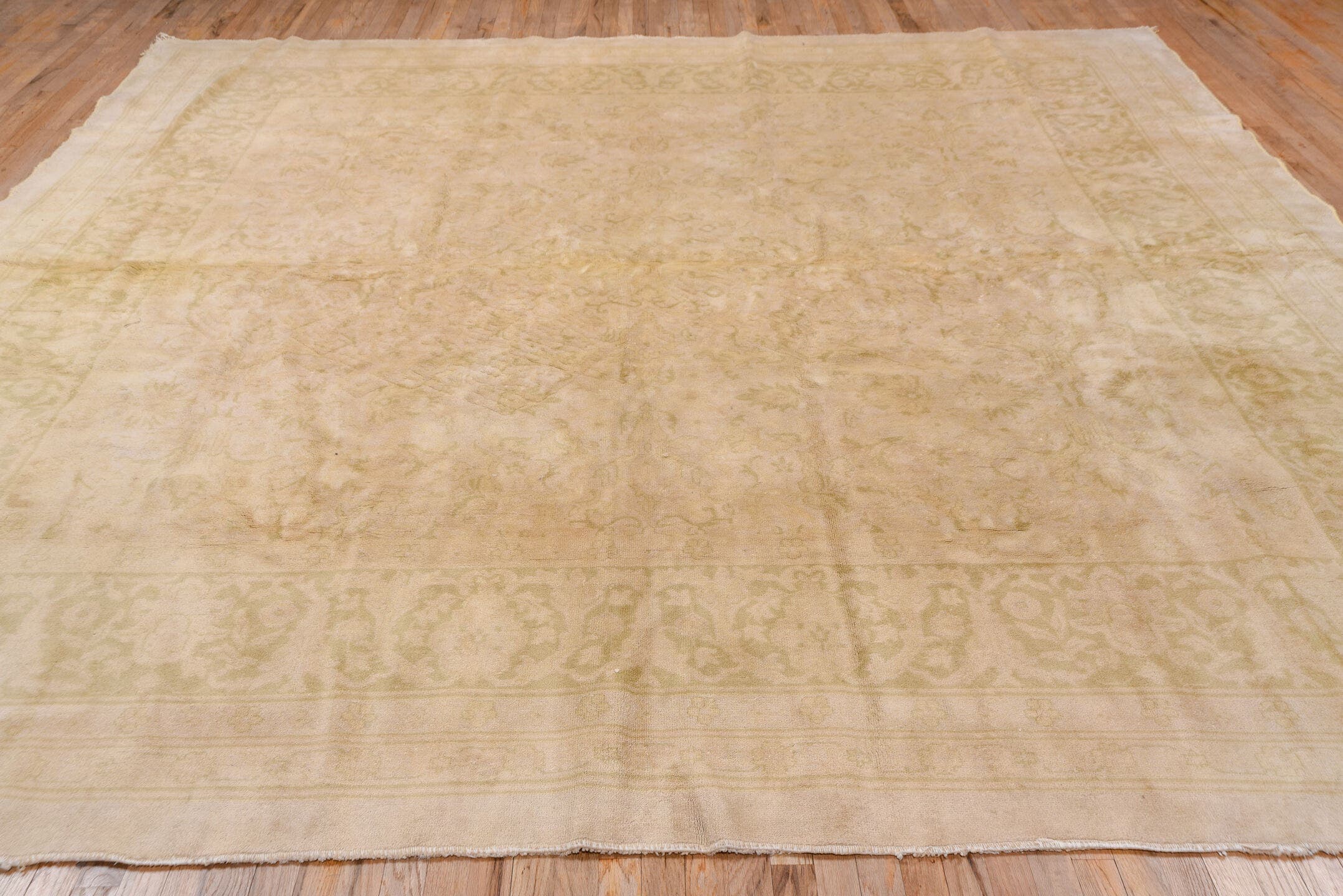 11' x 11' one-of-a-kind handmade vintage Oushak oversize rug. Color palette: ivory, cream, beige, sand, taupe, gray