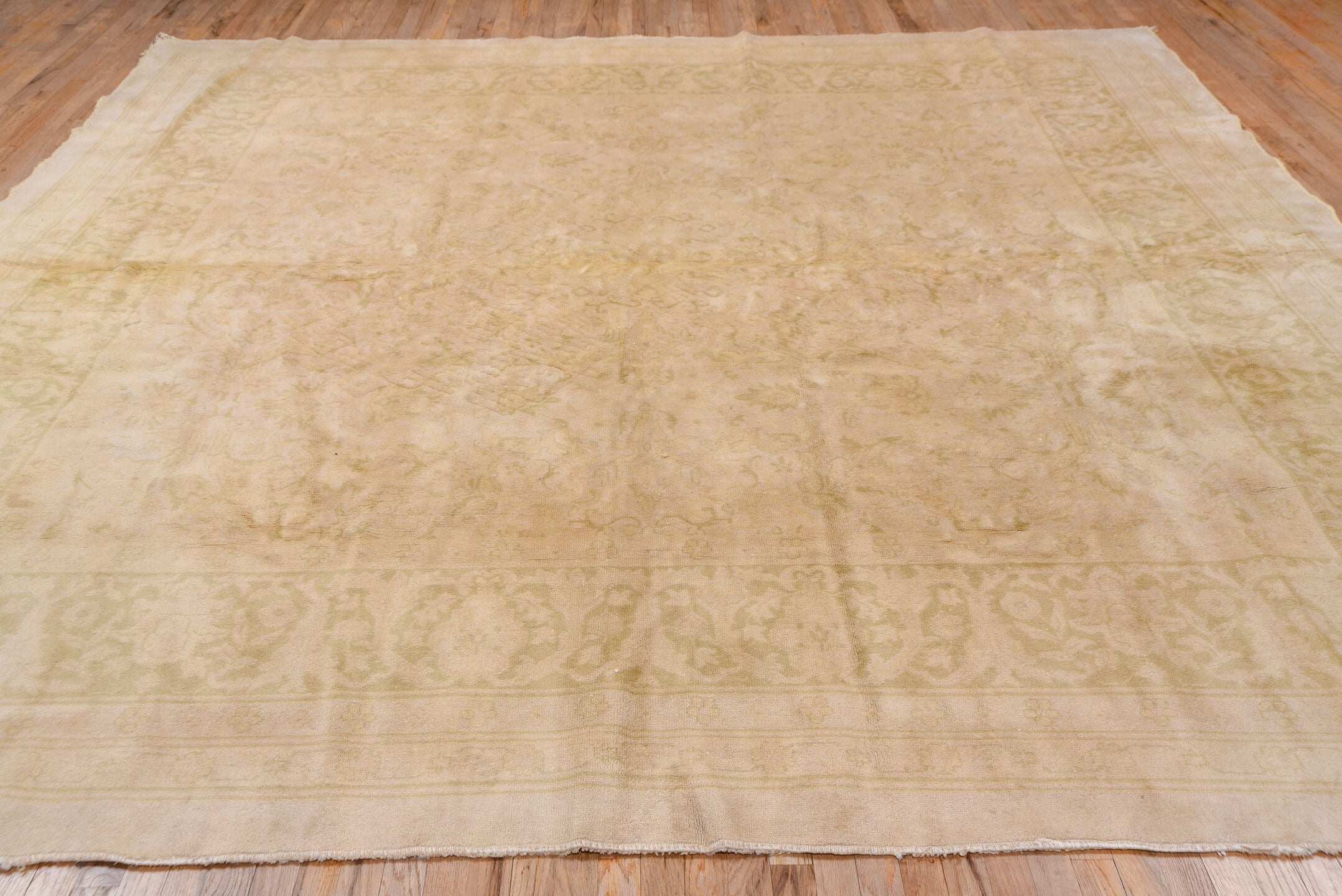 11' x 11' one-of-a-kind handmade vintage Oushak oversize rug. Color palette: bisque, brown, burlywood, moccasin, off-white