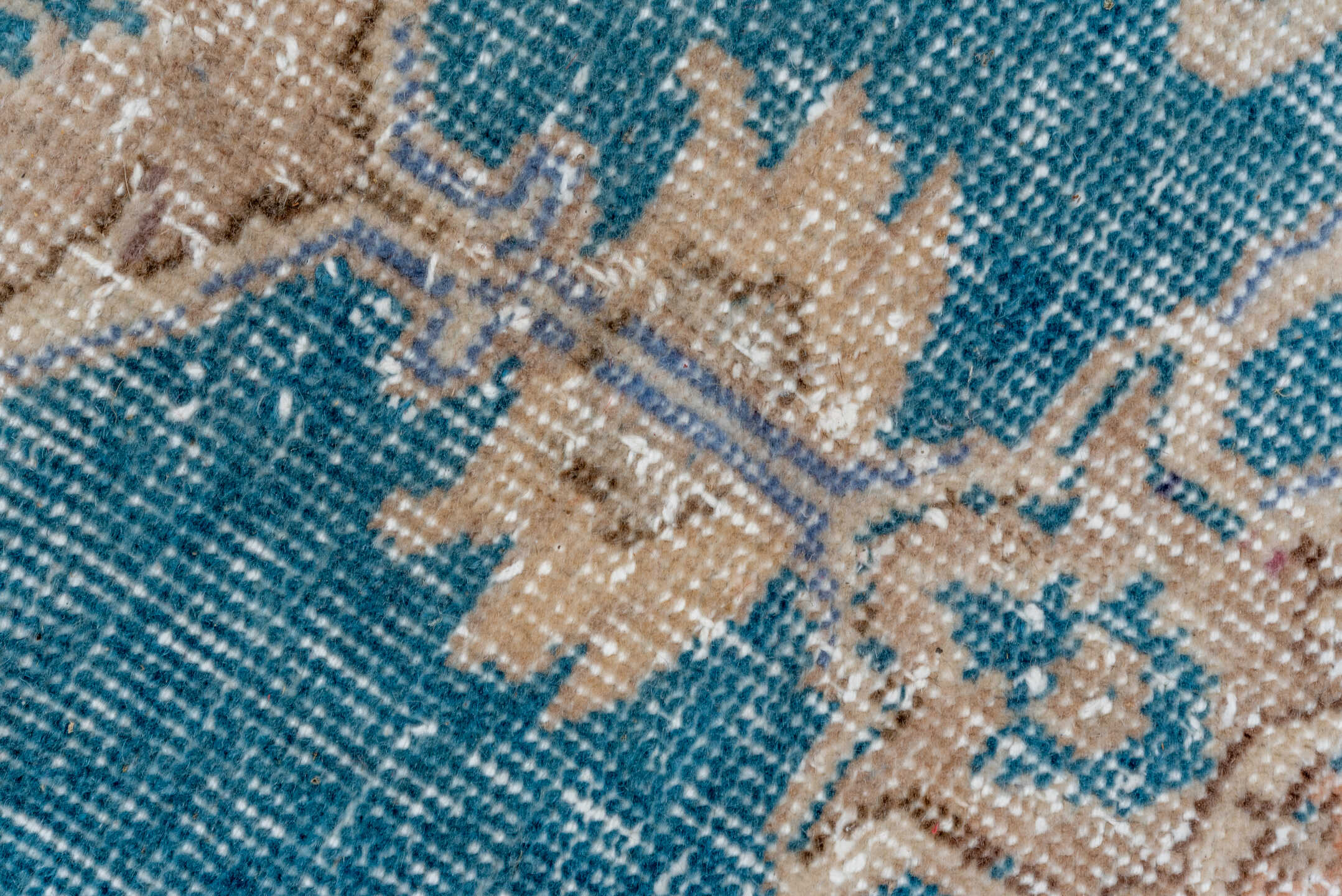 8' x 11' one-of-a-kind handmade vintage Oushak large size rug. Color palette: aqua, ivory, beige, sky blue, taupe, camel