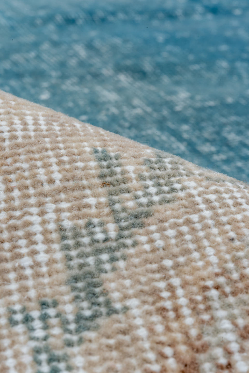 8' x 11' one-of-a-kind handmade vintage Oushak large size rug. Color palette: aqua, ivory, beige, sky blue, taupe, camel