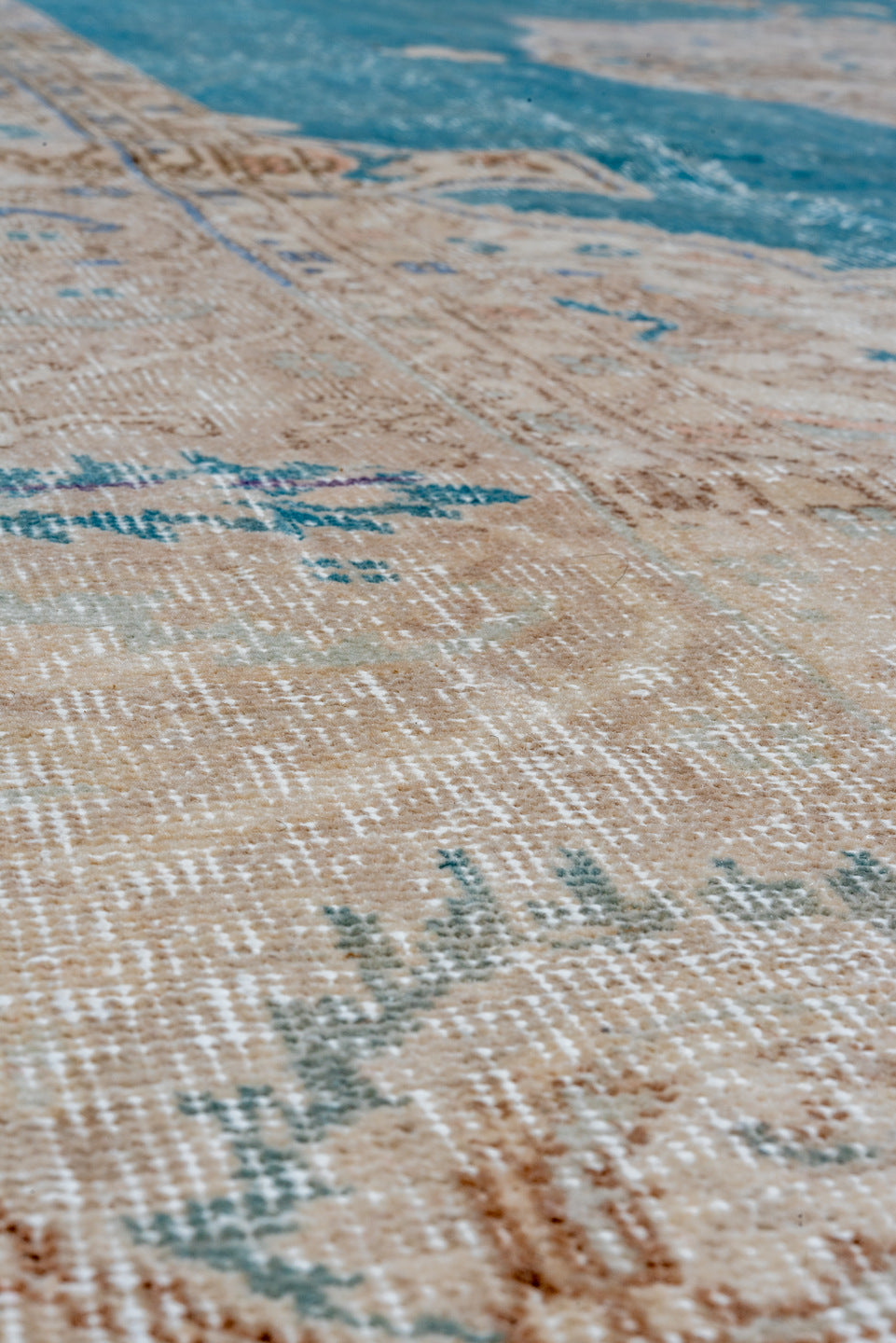 8' x 11' one-of-a-kind handmade vintage Oushak large size rug. Color palette: aqua, ivory, beige, sky blue, taupe, camel