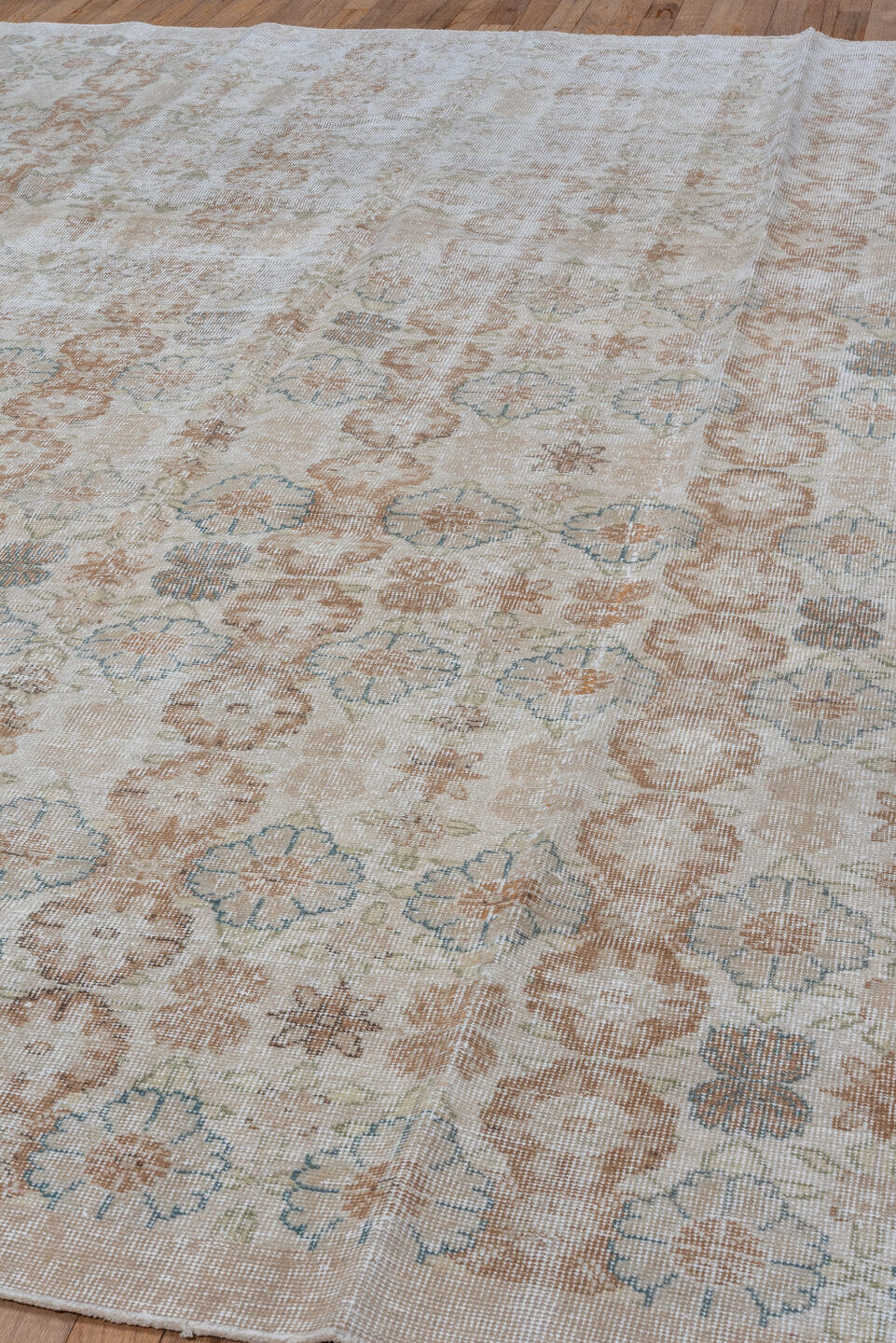 6' x 10' one-of-a-kind handmade vintage Oushak large size rug. Color palette: ivory, blush, taupe, pale blue, beige, sage
