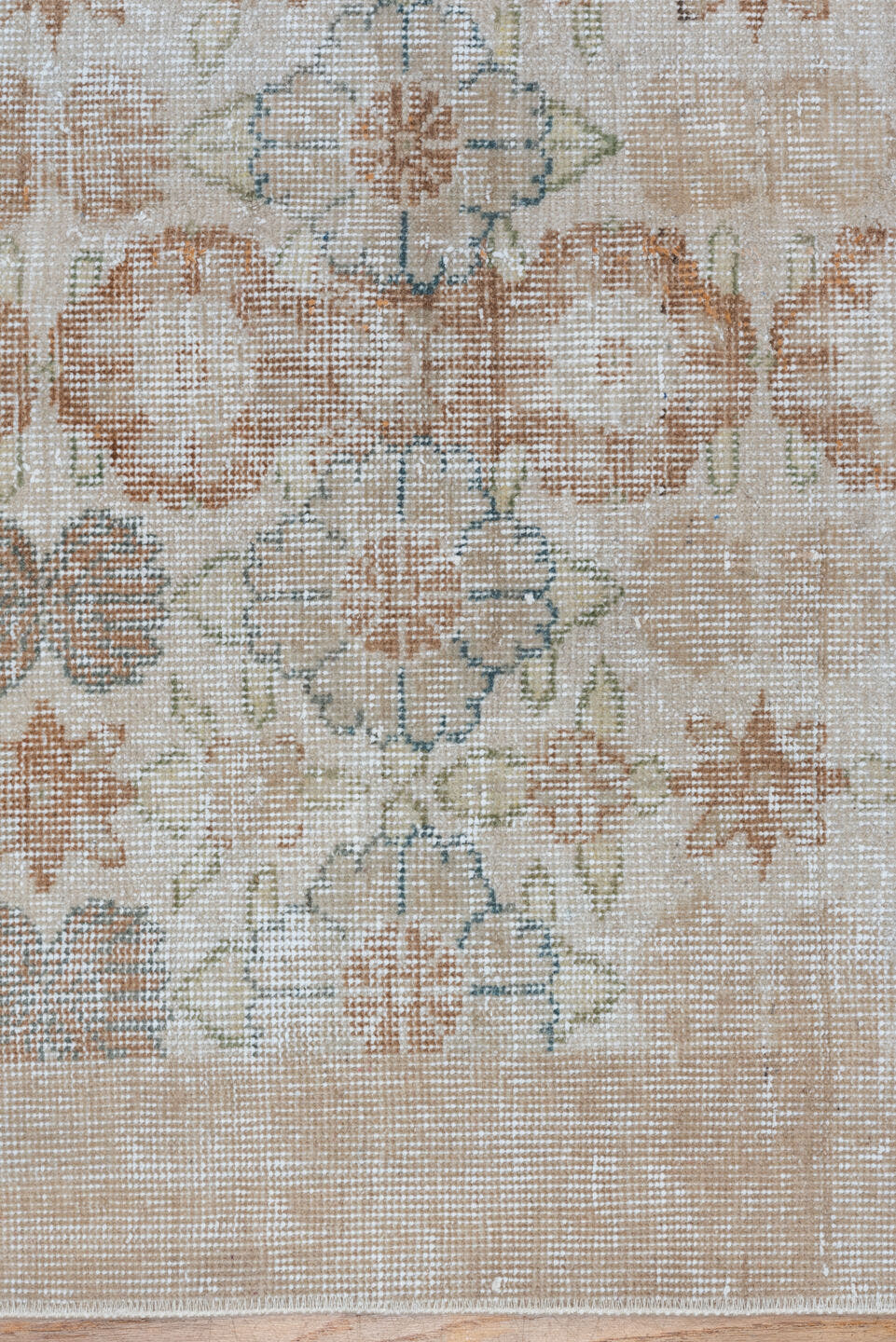 6' x 10' one-of-a-kind handmade vintage Oushak large size rug. Color palette: ivory, blush, taupe, pale blue, beige, sage