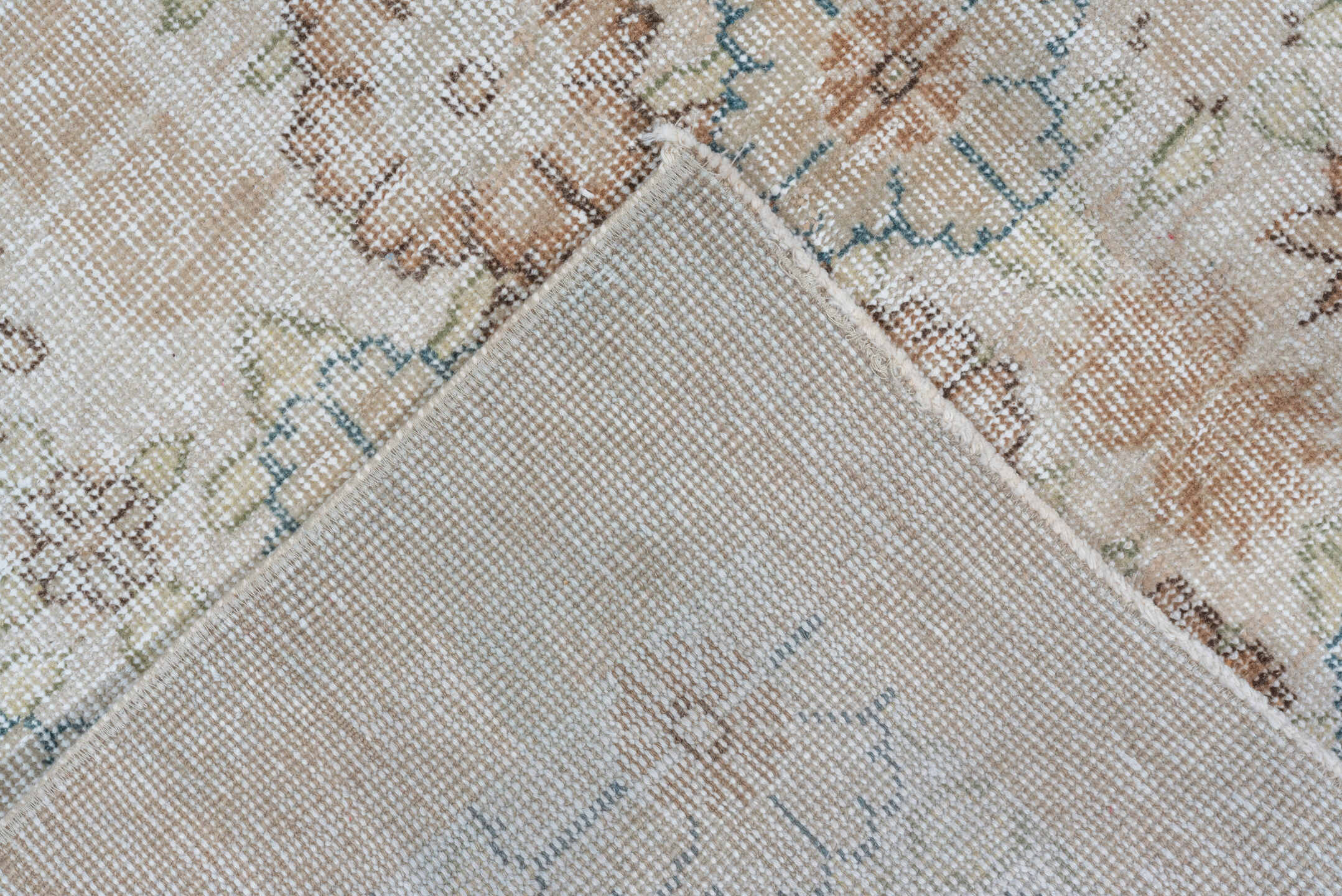 6' x 10' one-of-a-kind handmade vintage Oushak large size rug. Color palette: ivory, blush, taupe, pale blue, beige, sage