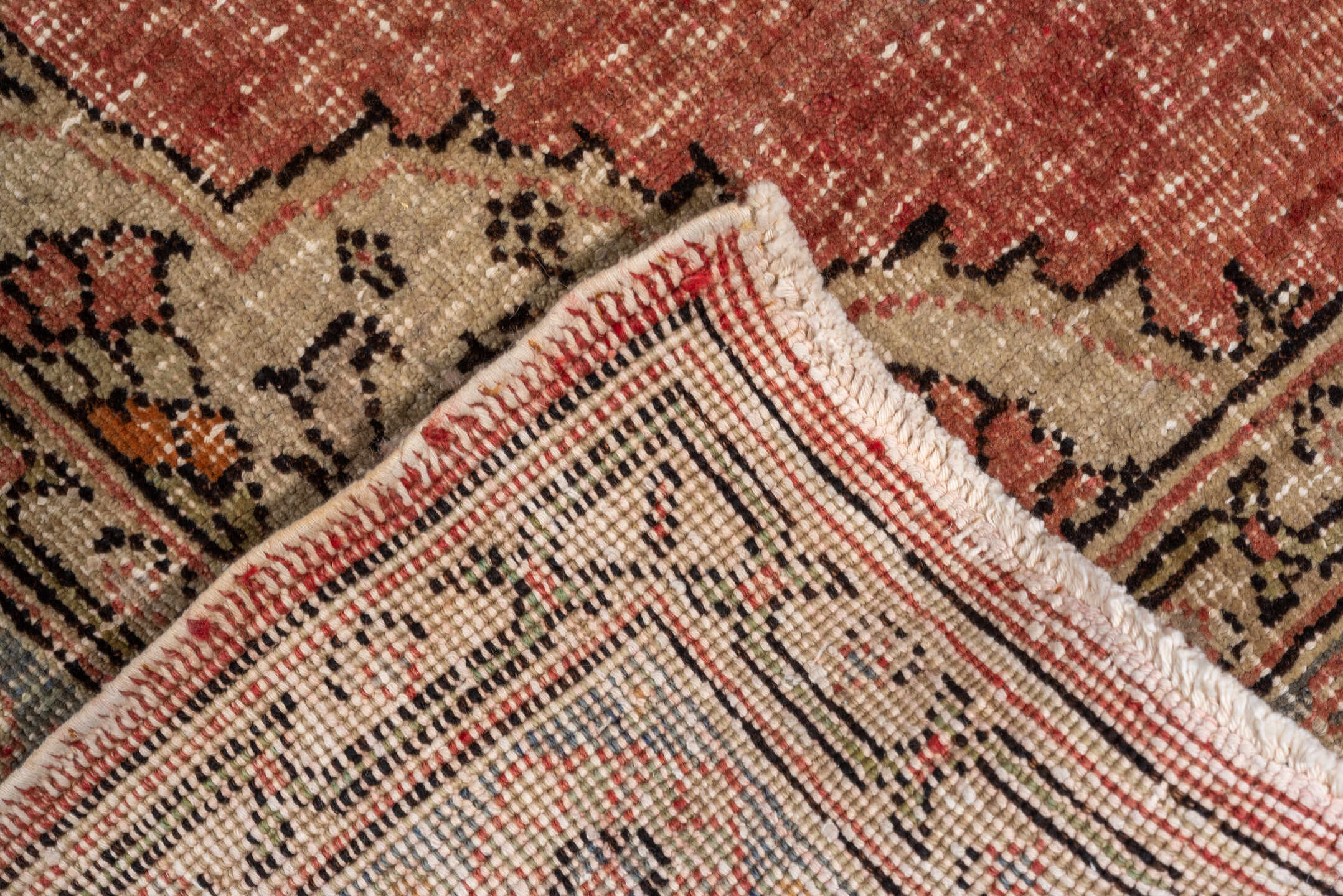 4' x 14' one-of-a-kind handmade vintage Oushak runner rug. Color palette: brown, gray, orange, pink