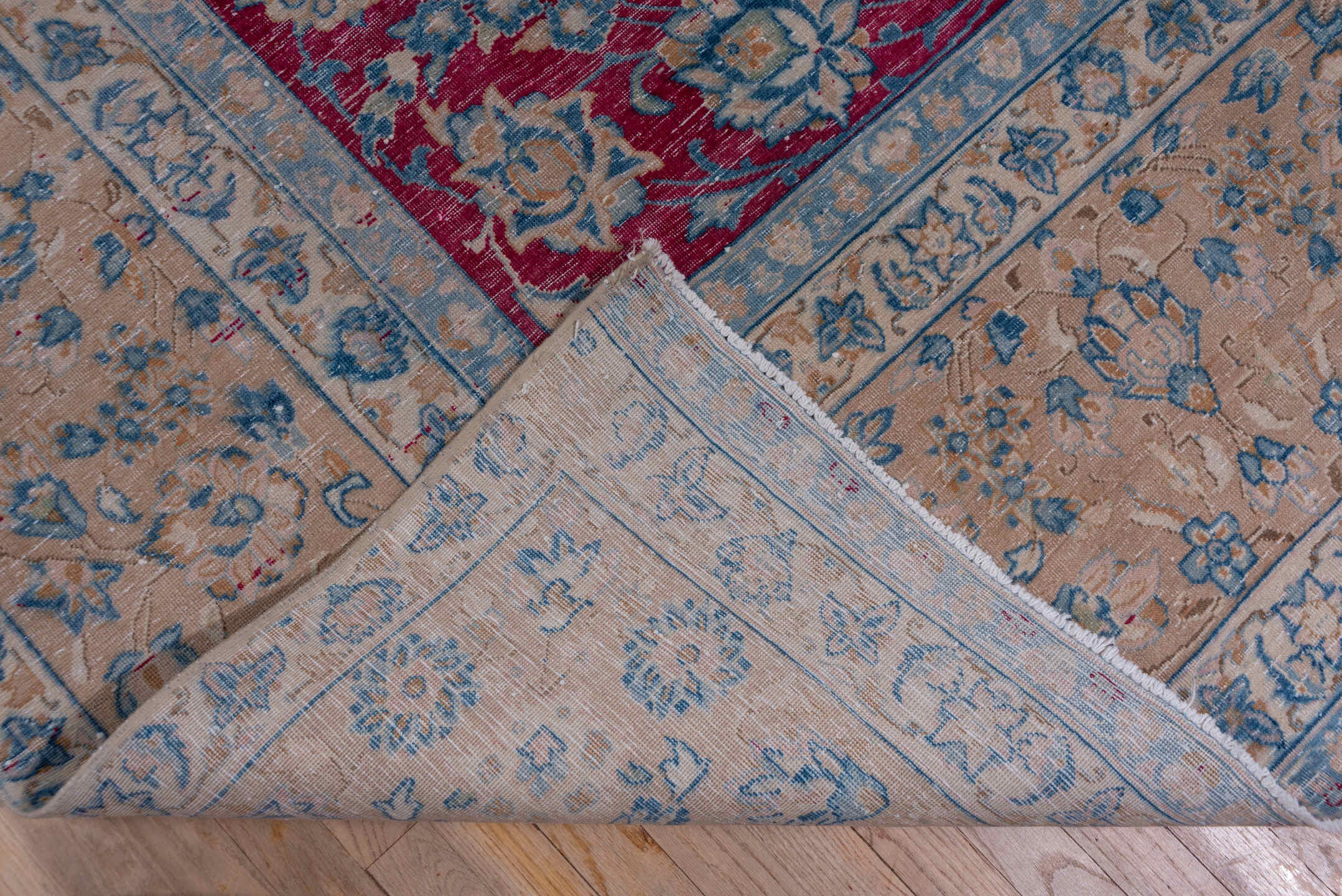 9' x 13' one-of-a-kind handmade vintage Tabriz large size rug. Color palette: crimson, ivory, sky_blue, rose, slate_blue