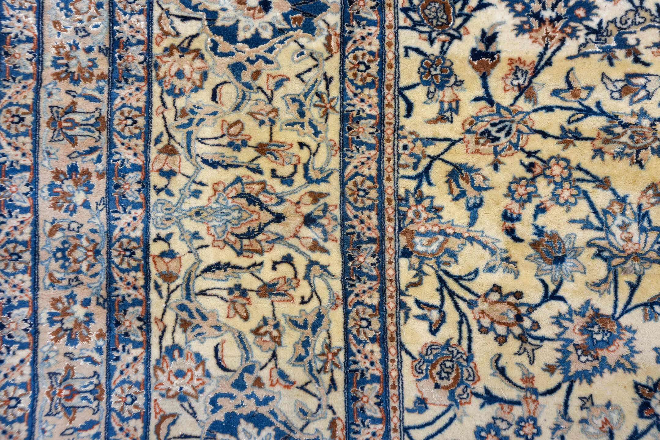 13' x 19' one-of-a-kind handmade vintage Naiin oversize rug. Color palette: ivory, blue, navy, beige, camel, taupe, gray