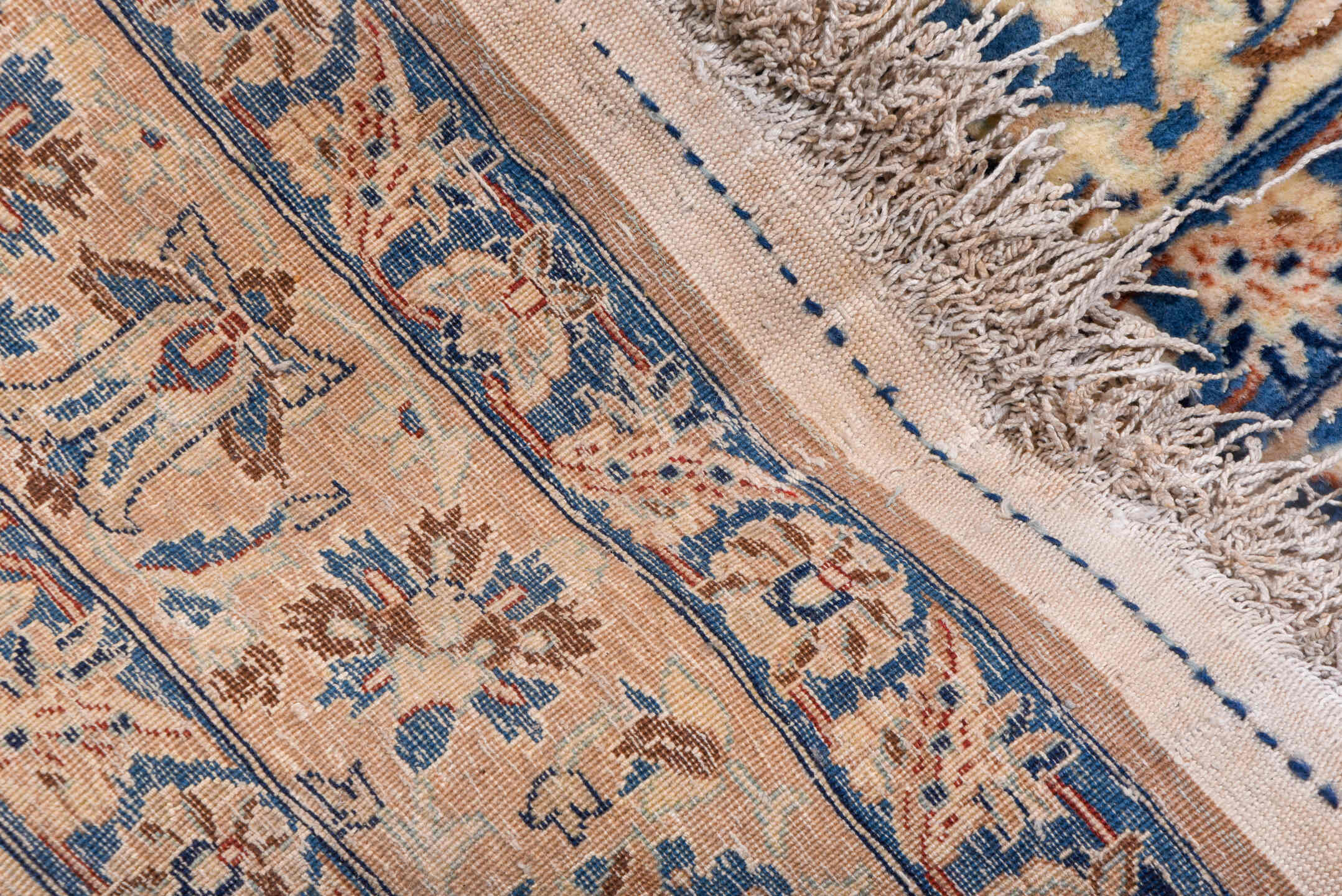 13' x 19' one-of-a-kind handmade vintage Naiin oversize rug. Color palette: ivory, blue, navy, beige, camel, taupe, gray