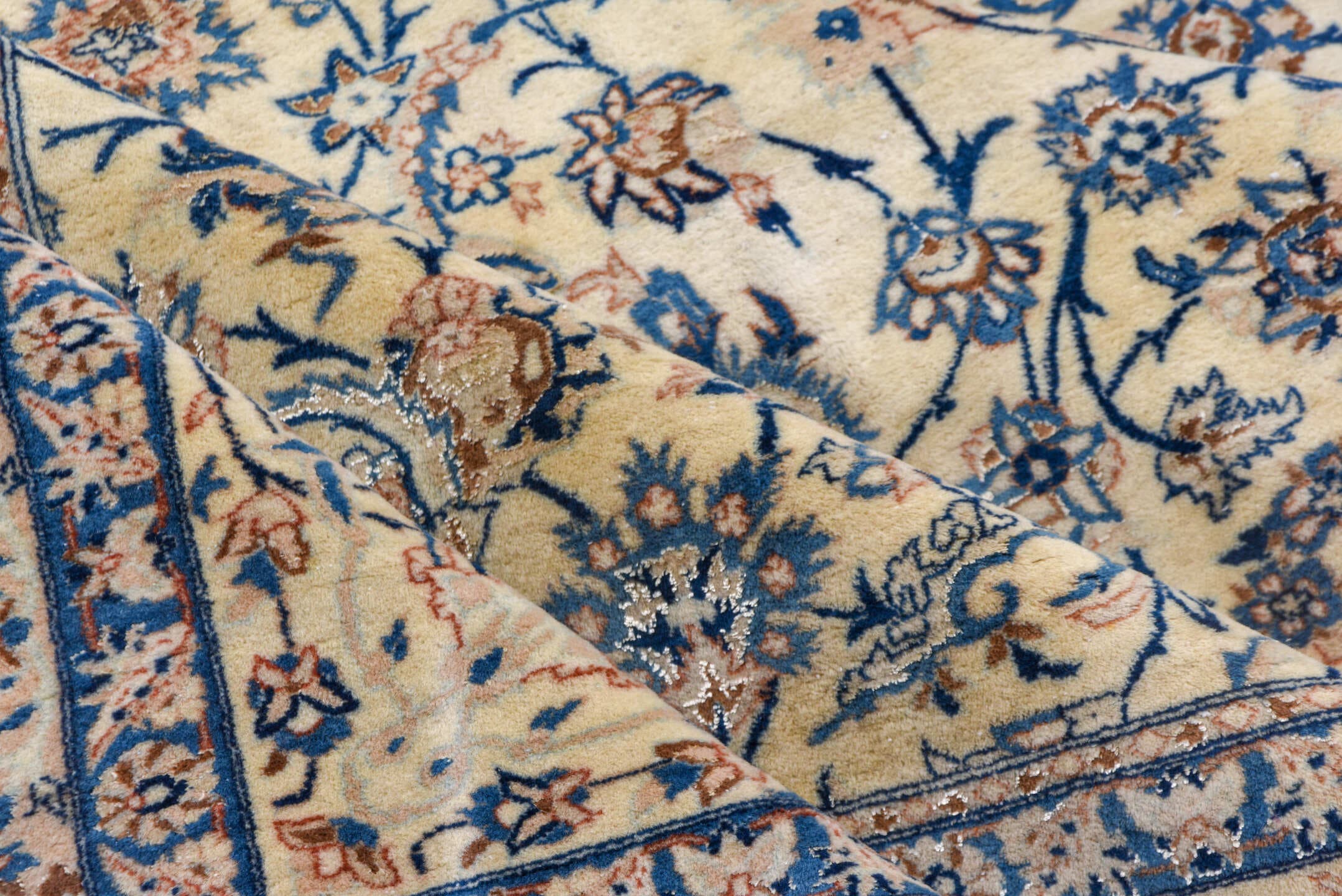 13' x 19' one-of-a-kind handmade vintage Naiin oversize rug. Color palette: ivory, blue, navy, beige, camel, taupe, gray