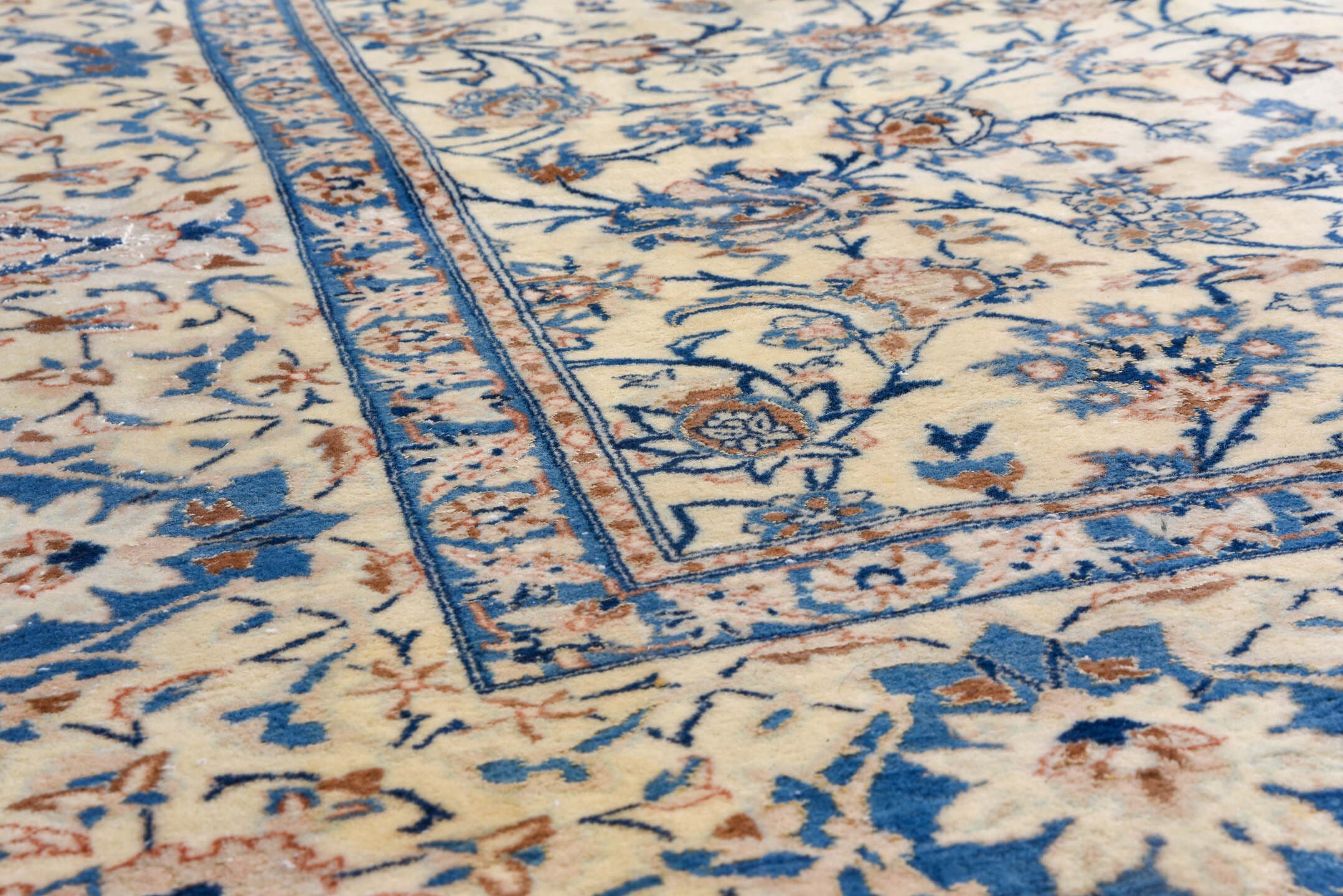 13' x 19' one-of-a-kind handmade vintage Naiin oversize rug. Color palette: ivory, blue, navy, beige, camel, taupe, gray