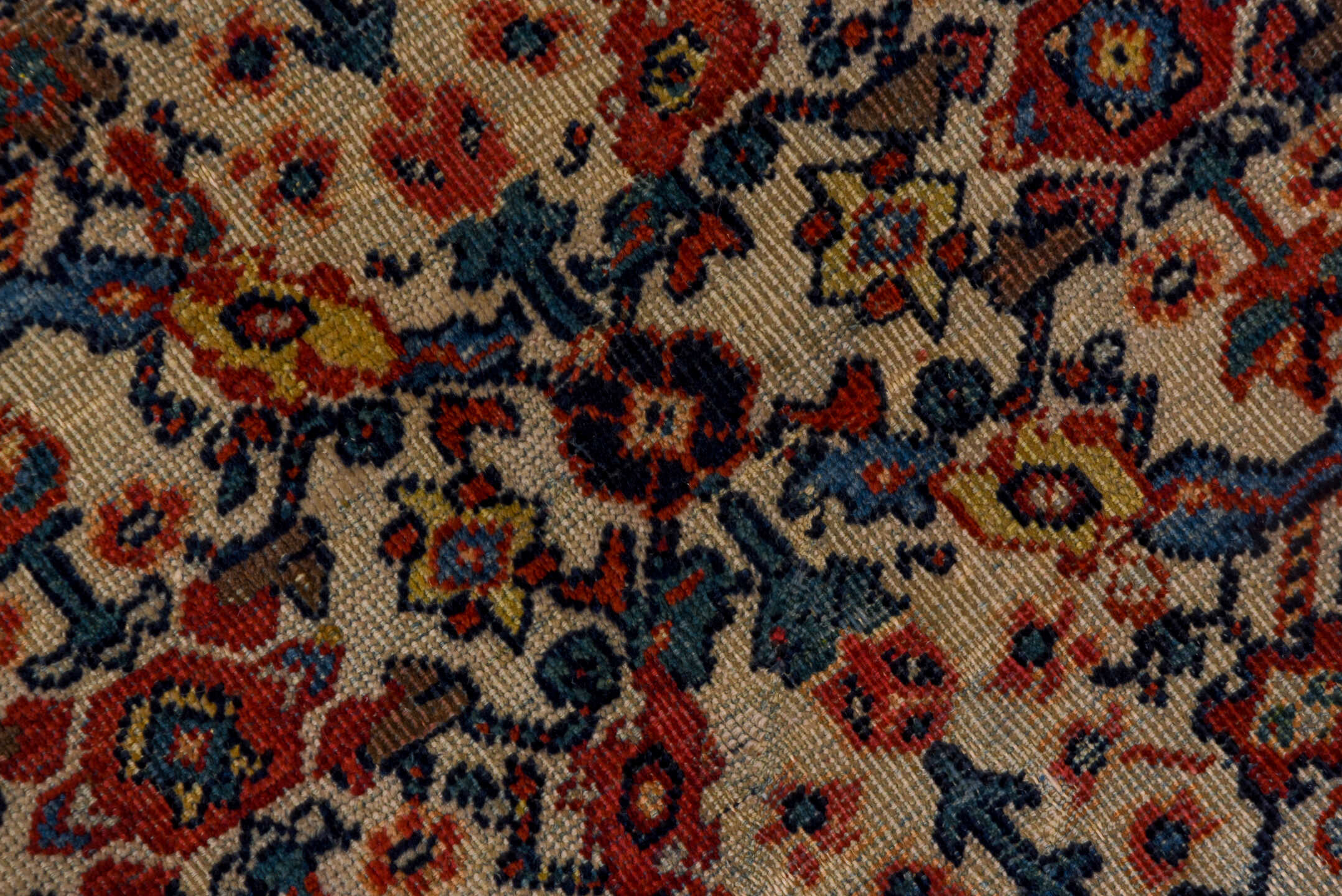 9' x 11' one-of-a-kind handmade vintage Farahan large size rug. Color palette: blue, brown, gray, light gray, pink, red