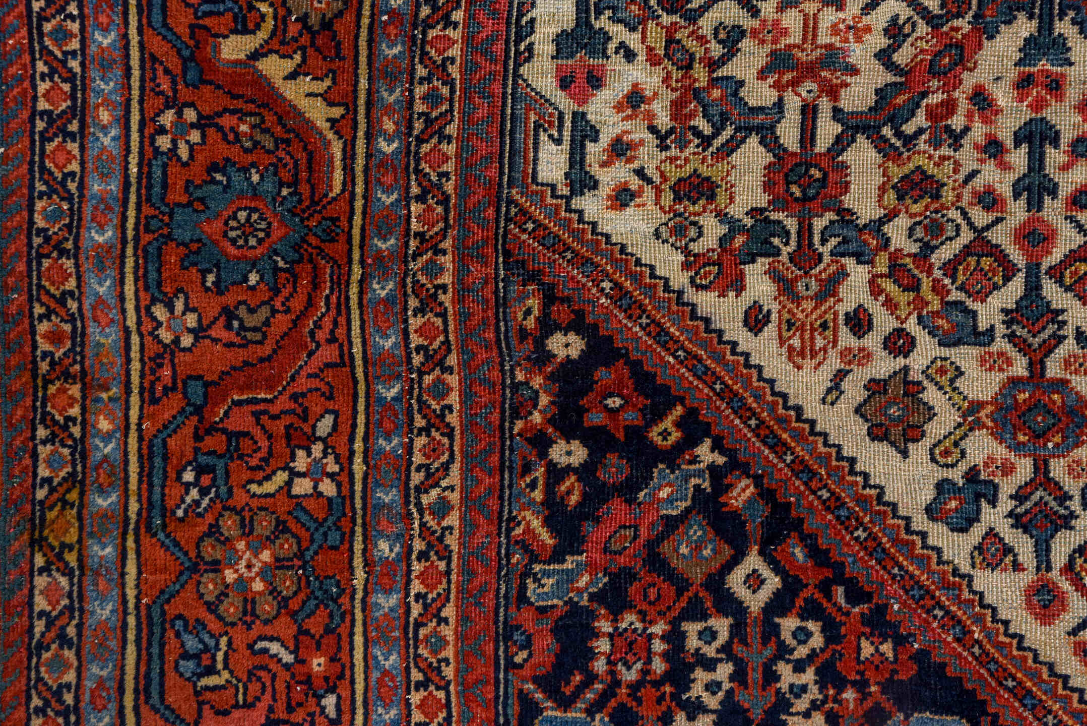 9' x 11' one-of-a-kind handmade vintage Farahan large size rug. Color palette: blue, brown, gray, light gray, pink, red