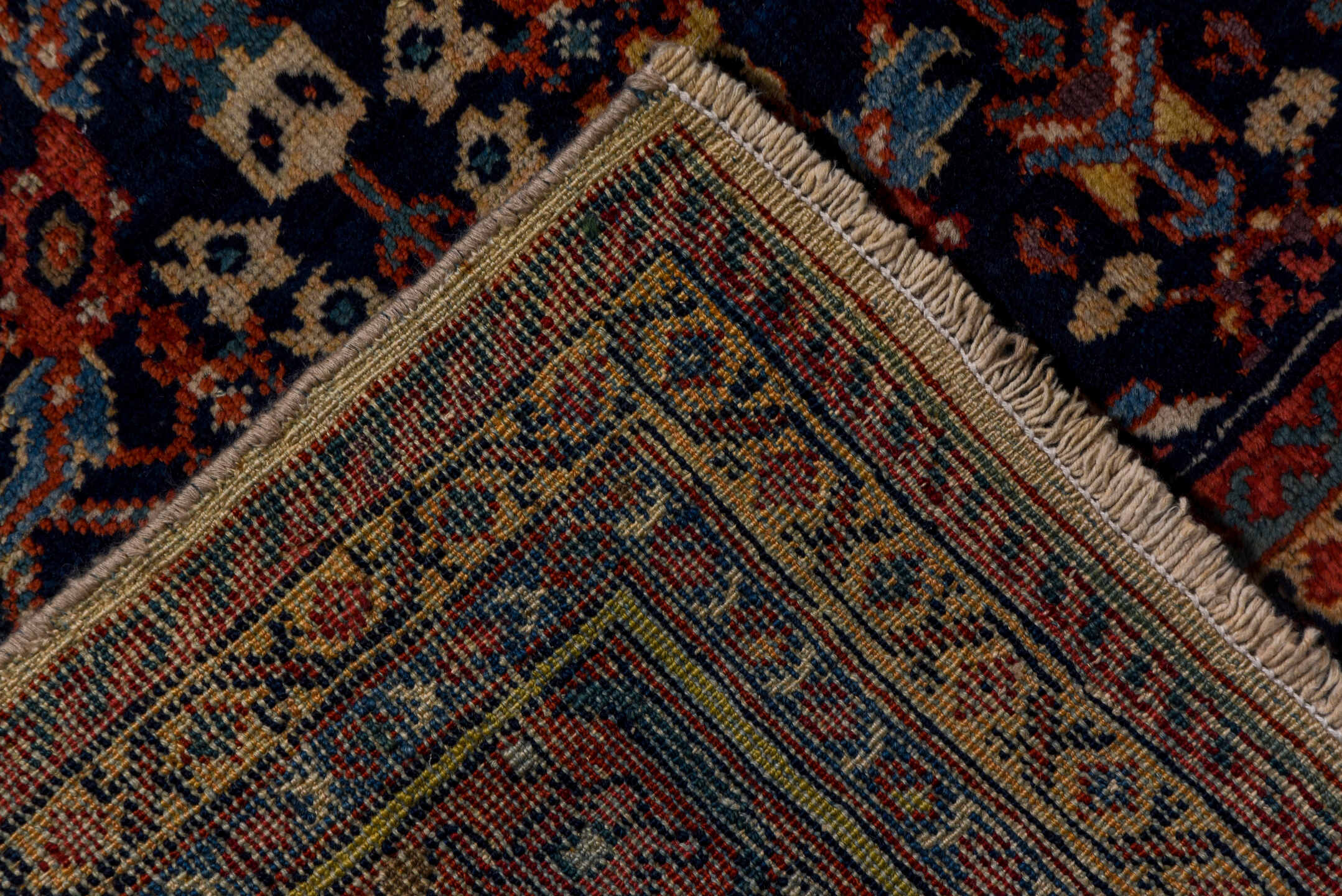 9' x 11' one-of-a-kind handmade vintage Farahan large size rug. Color palette: blue, brown, gray, light gray, pink, red