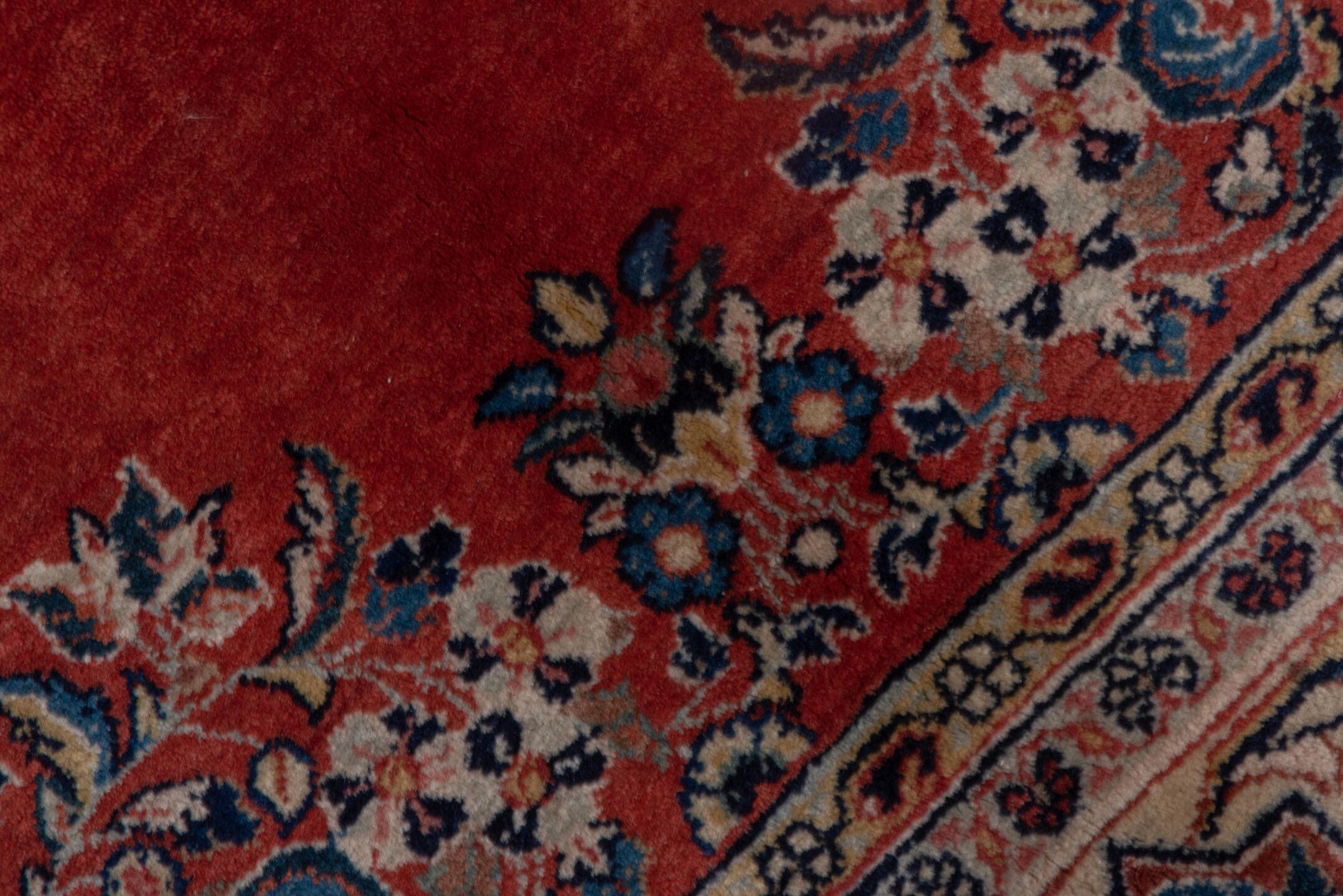 6' x 9' one-of-a-kind handmade antique Sarouk medium size rug. Color palette: red, ivory, navy, rose, slate, rust, camel