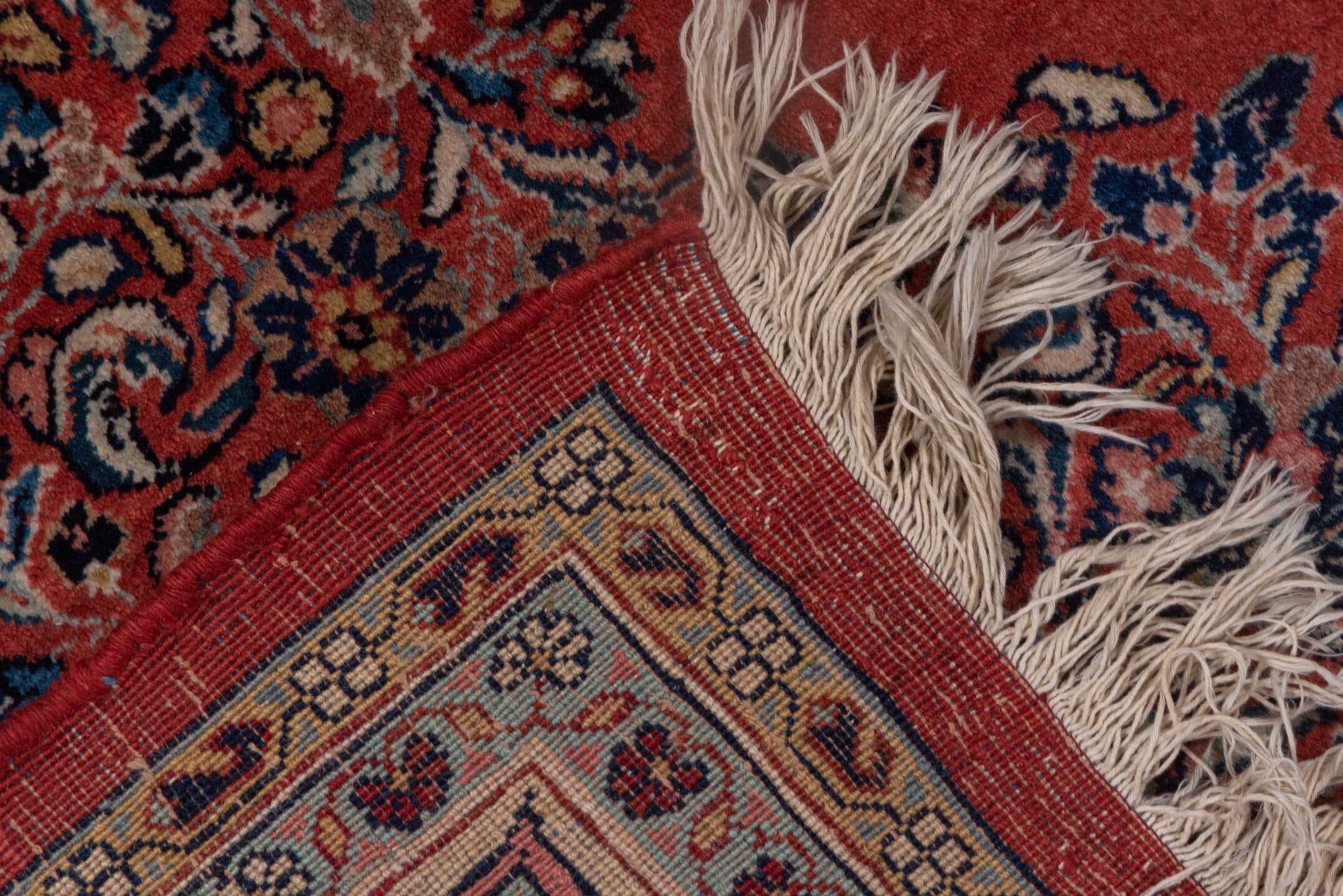 6' x 9' one-of-a-kind handmade antique Sarouk medium size rug. Color palette: red, ivory, navy, rose, slate, rust, camel