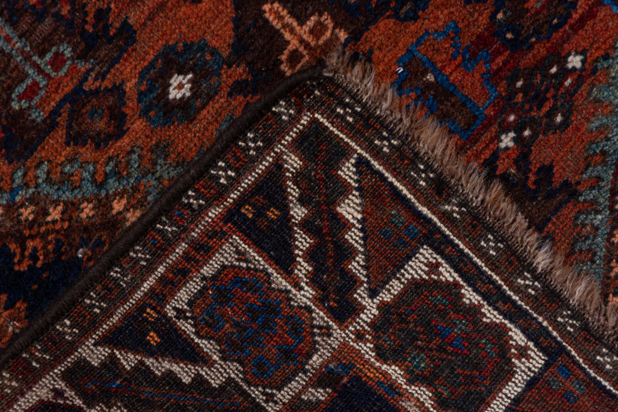 3' x 5' one-of-a-kind handmade antique Shiraz small size rug. Color palette: rust, indigo, ivory, sky blue, brown, charcoal