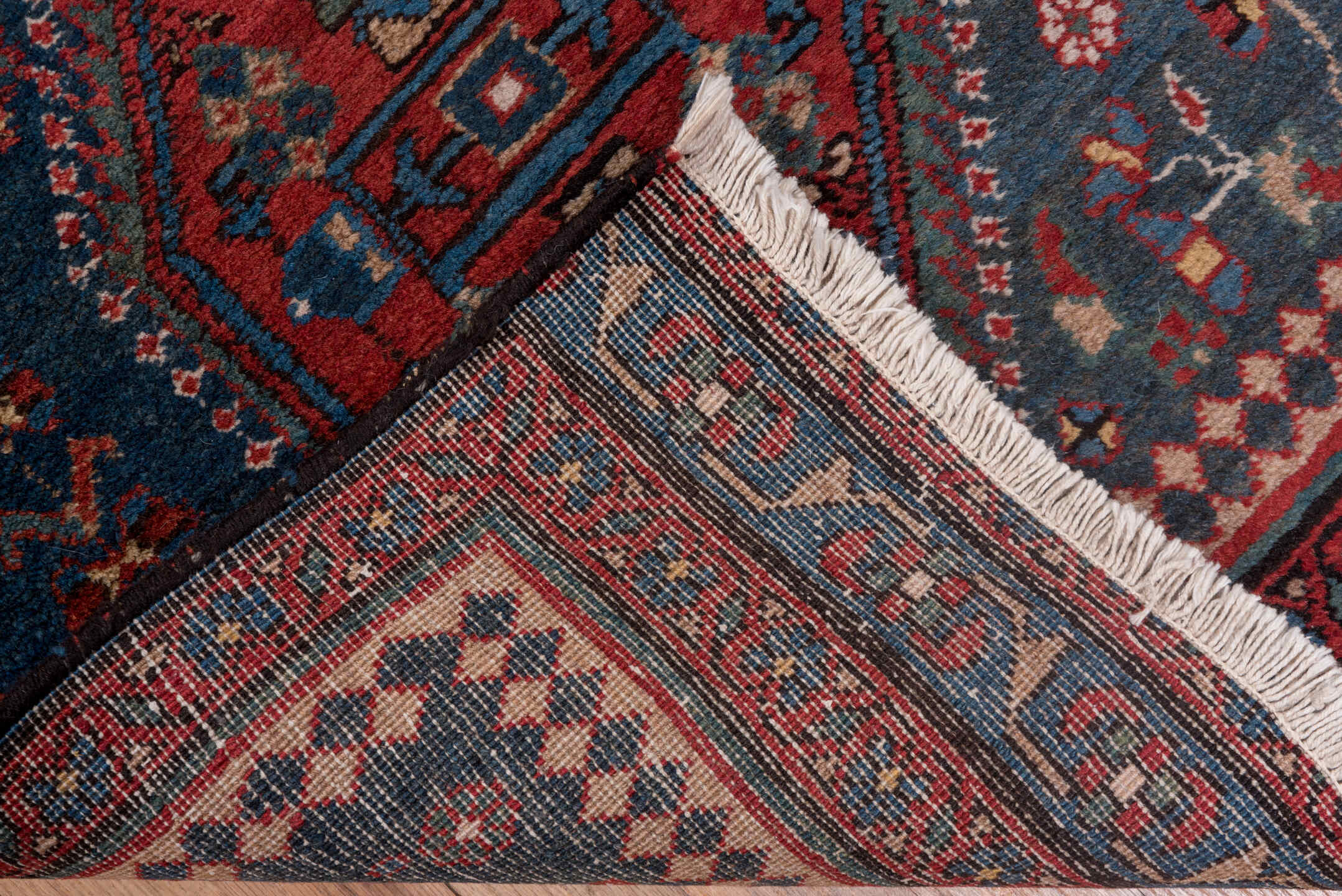 2' x 13' one-of-a-kind handmade antique Heriz runner rug. Color palette: navy, rust, brick, ivory, sky_blue, crimson, slate