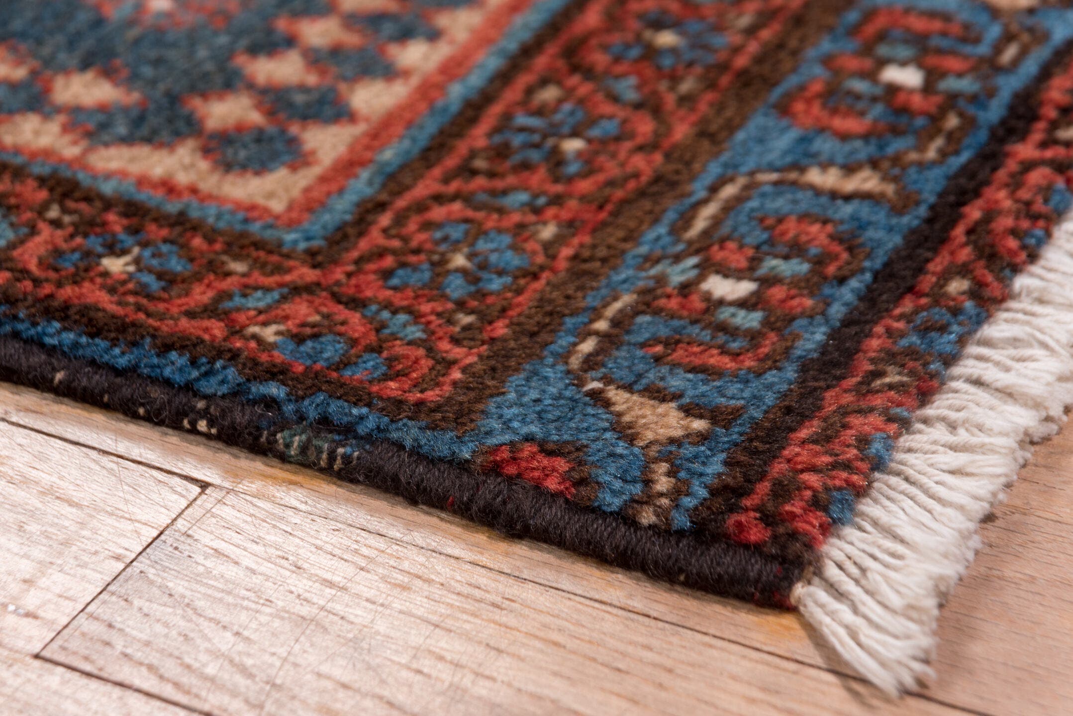 2' x 13' one-of-a-kind handmade antique Heriz runner rug. Color palette: navy, rust, brick, ivory, sky_blue, crimson, slate