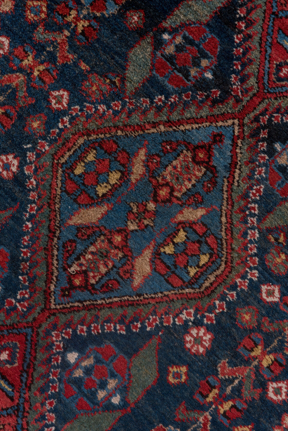 2' x 13' one-of-a-kind handmade antique Heriz runner rug. Color palette: navy, rust, brick, ivory, sky_blue, crimson, slate