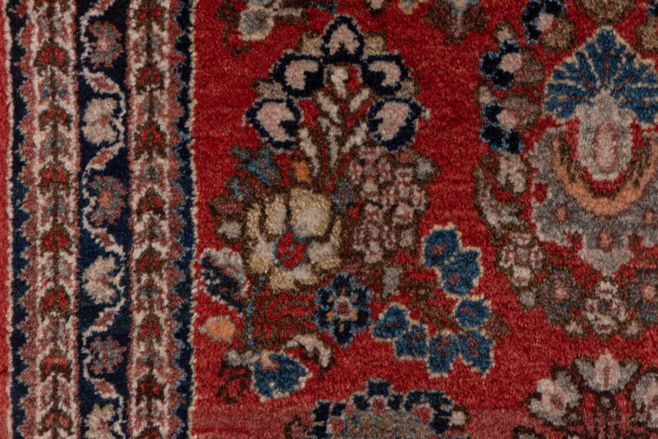 2' x 4' one-of-a-kind handmade antique Sarouk small size rug. Color palette: red, navy, ivory, camel, rose, slate, brown