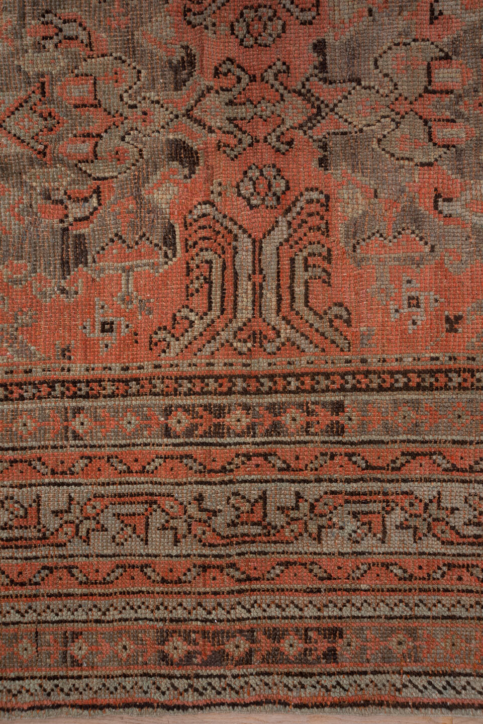 13' x 16' one-of-a-kind handmade antique Oushak oversize rug. Color palette: coral, taupe, charcoal, rose, ivory, brown
